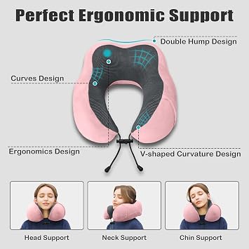 Travel Pillow, Memory Foam Neck Pillow for Traveling, U Shape Neck Pillow Airplane Portable Flight Pillow Travel Kit with 4D Contoured Eye Masks and Earplug for Plane Train Car Home Office - Pink
