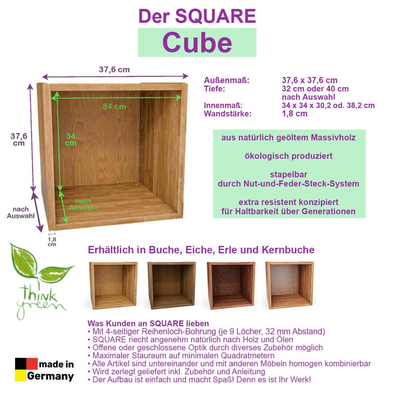 Square Massivholz Regalwürfel | Kernbuche 37,6 x 37,6 x 32 cm | Grundmodul für individuelles Flexibles Würfelregal | Regalsystem mit Erweiterungen