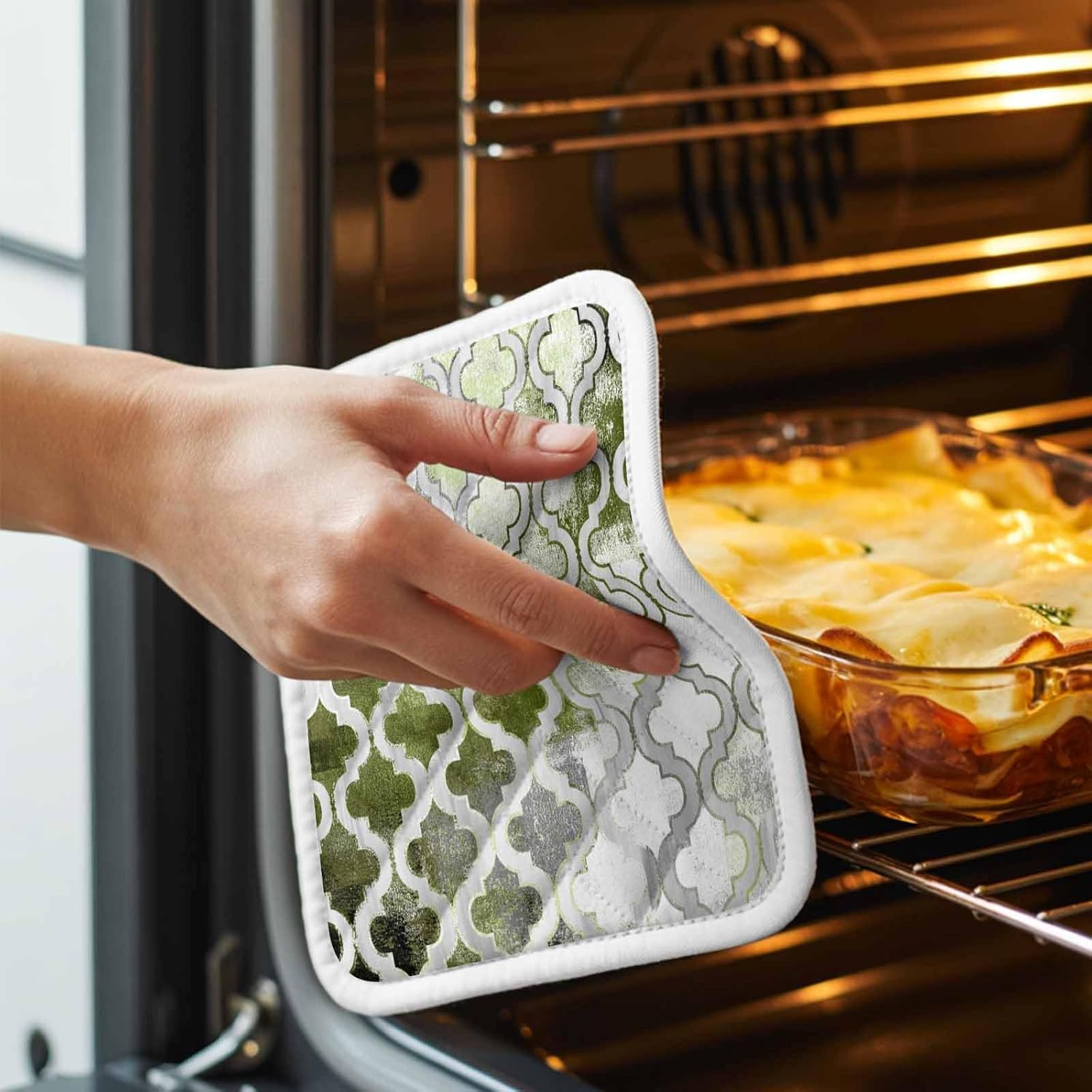 5 Pack Pot Holders for Kitchen, Sage Green Morocco Hot Pads for Kitchen Countertops Oven Pot Holder Bulk, Vintage Grey Shabby Chic Plaid Heat Insulation Potholders with Hanging Loops