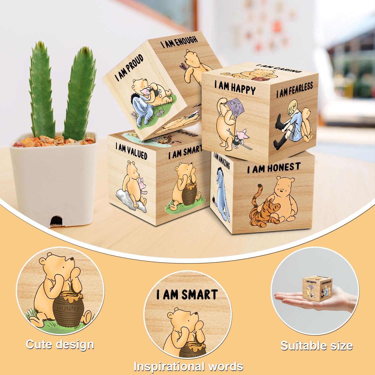 6 Pcs Inspirational Winnie Nursery Decor for Girls and Boys Wooden the Pooh Decorations Winnie Baby Table Wooden Decorations Winnie Shelf Decor for Bedroom Playroom Gifts 1.6 Inch