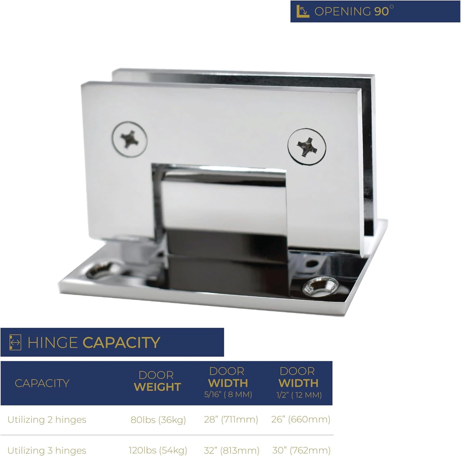 Shower Door Hinge in Chrome – Full Back Plate, Solid Brass 90 Degree Square Standard, Wall to Glass, Self-Centering Pivot, Fits 3/8" to 1/2" (10 to 12 mm) Frameless Bathroom Glass Doors