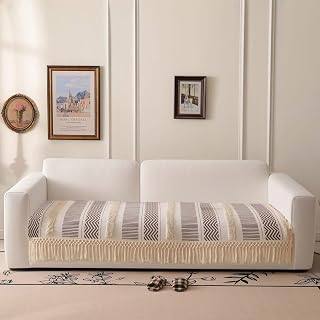VClife Boho Couch Cover Cotton Linen Tufted Sofa Cover with Tassel, Dog Couch Cover for 3 Cushion Couch Sofa Non Slip Sofa Cover for Living Room, 35.4x82.7 inch
