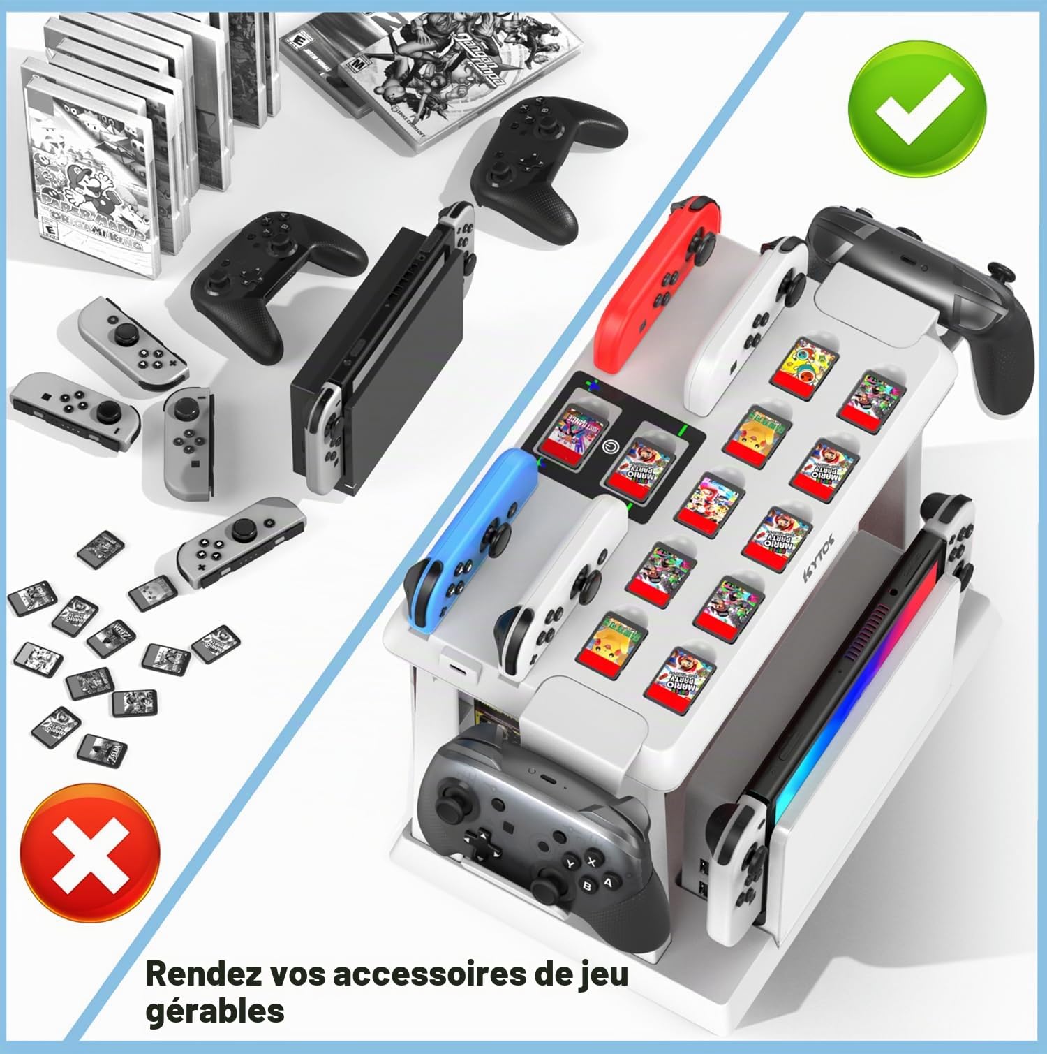 Kytok Tour Stockage, Rangement pour Nintendo Switch/OLED, Chargeur Manette Joycon Switch & Support Manette, Multifonctionnelle, Accessoires Jeux, USB