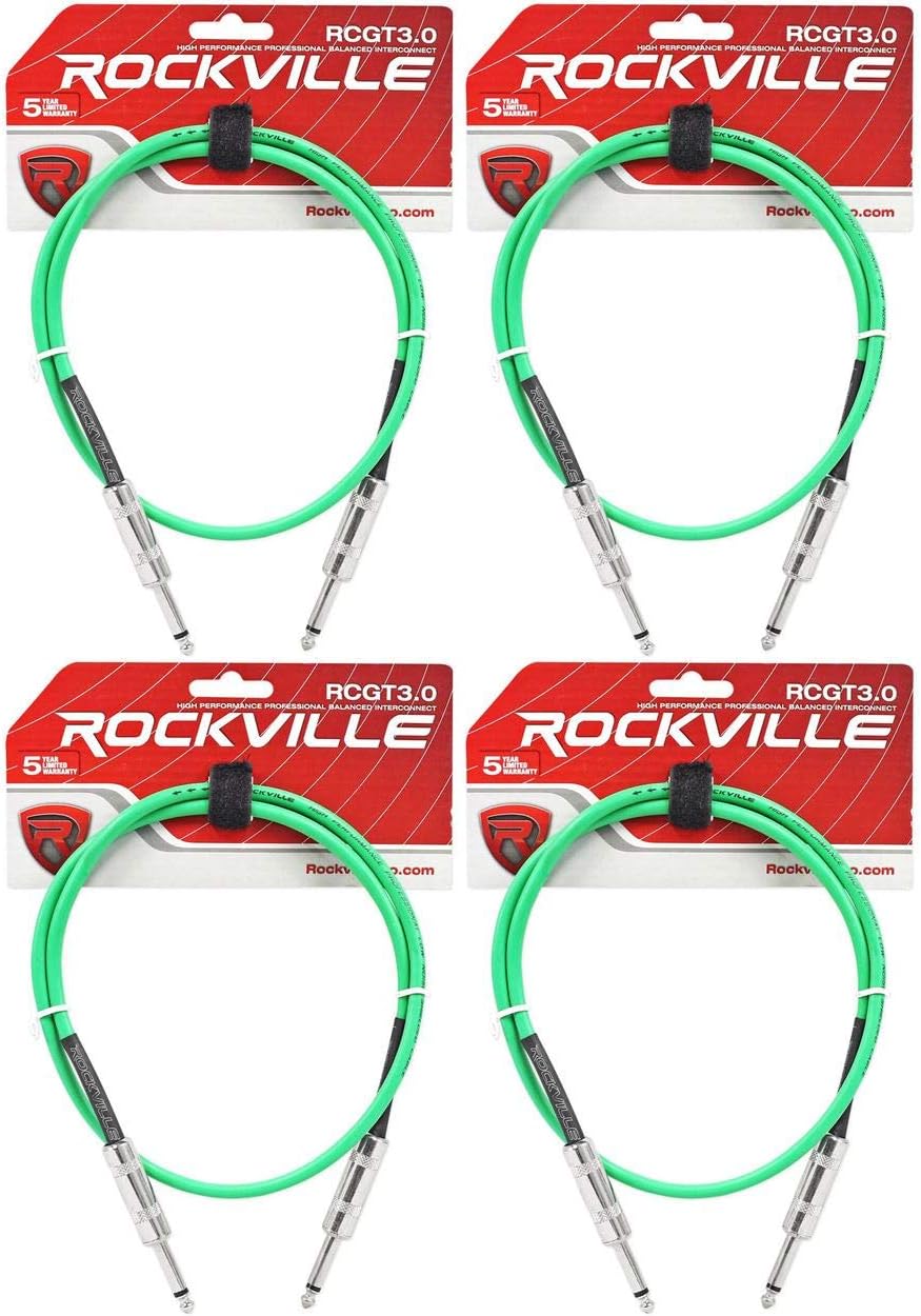 Rockville (4) RCGT3G 3フィート 1/4インチ TS to 1/4インチ TS 計器ケーブル - グリーン 10
