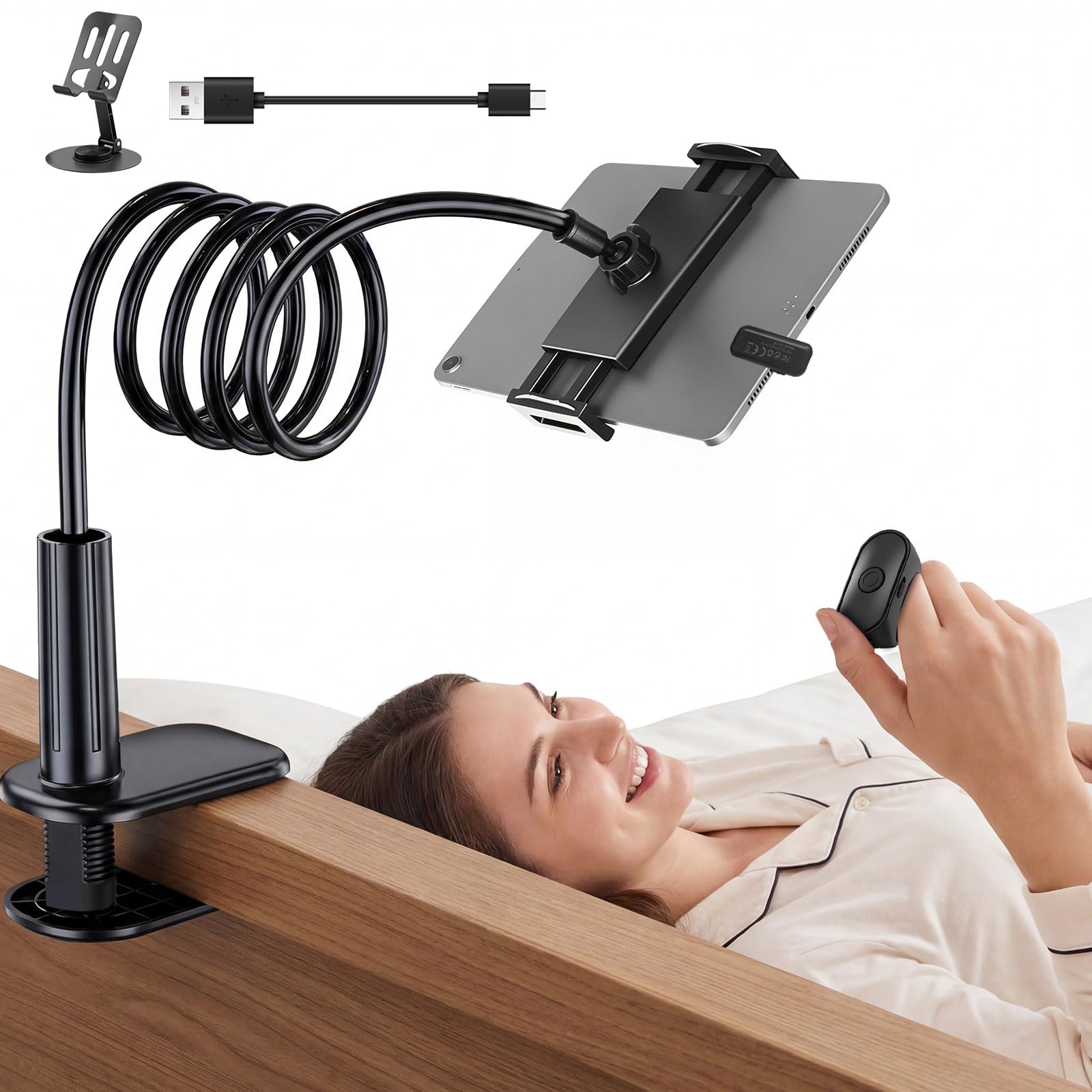 Supporto Tablet con Telecomando Kindle per girare pagina, Collo Oca Supporto Regolabile per leggere a letto, Supporto con girapagina per Kindle accessori/Ipad/telefono 5''-12.9''