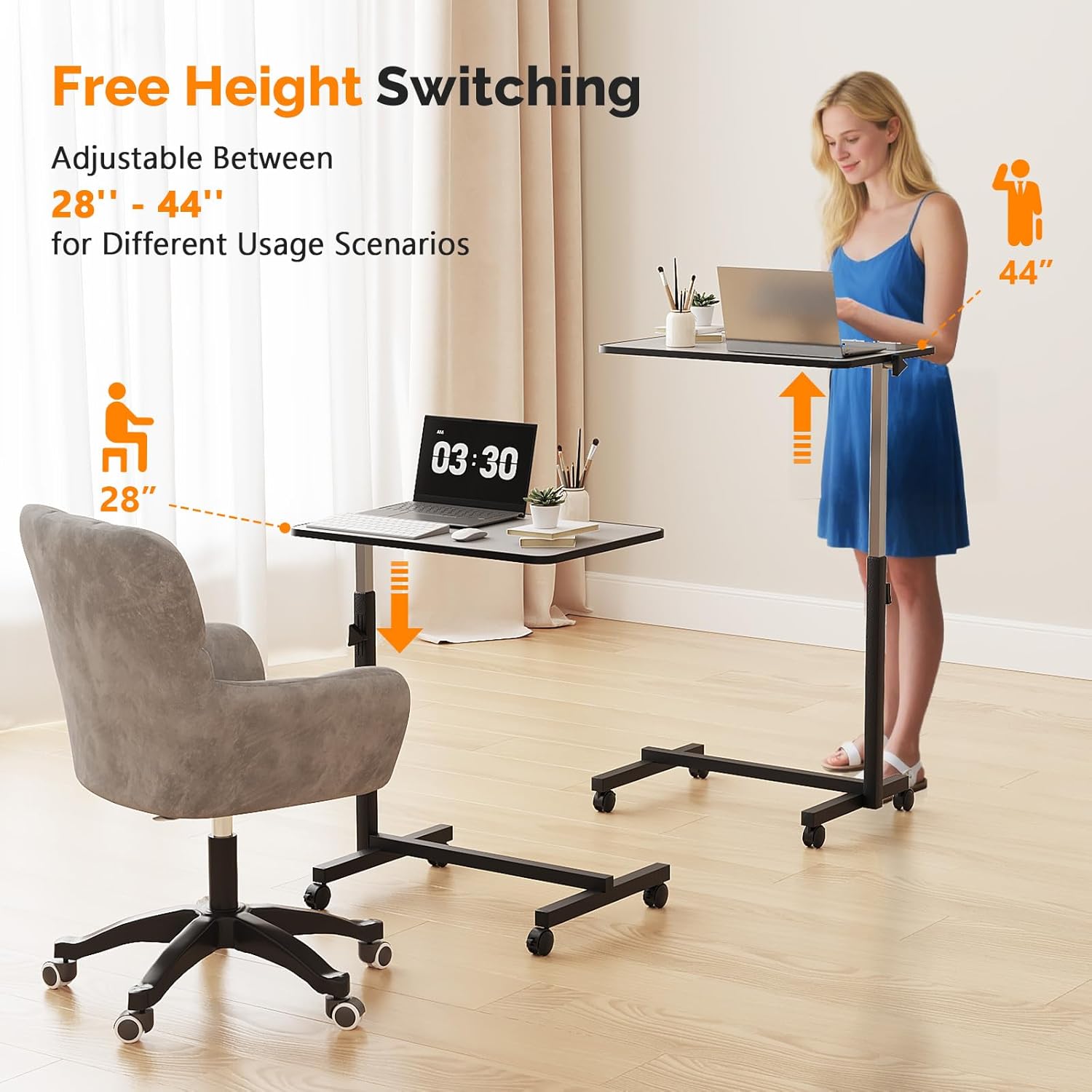 FCH 23.6 Inch Rolling Adjustable Multifunctional Lifting Computer Desk, Tilting Desktop, Sit Stand Laptop Desk TV Tray for Bed Sofa Hospital Reading Eating, Silver