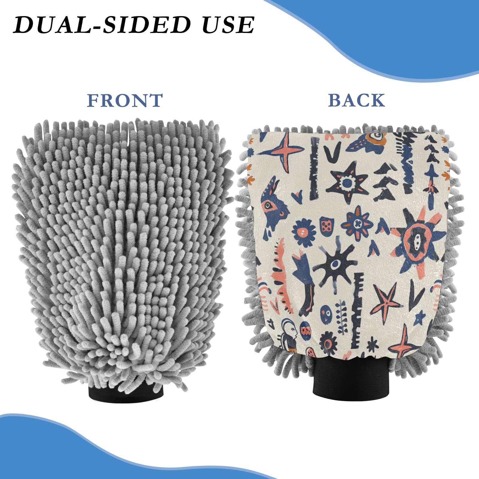 ALAZA Retro Boho Bohemian Car Wash Mitt Scratch Free, 2 Pack Absorbent Microfiber/Chenille Washing & Drying Mitts, L