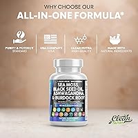 Vista 6 de Clean Nutraceuticals Musgo Marino Aceite de Semilla Negra Ashwagandha Cúrcuma Bladderwrack Bardana & Vitamina C Vitamina D3 con Saúco Manuka Diente
