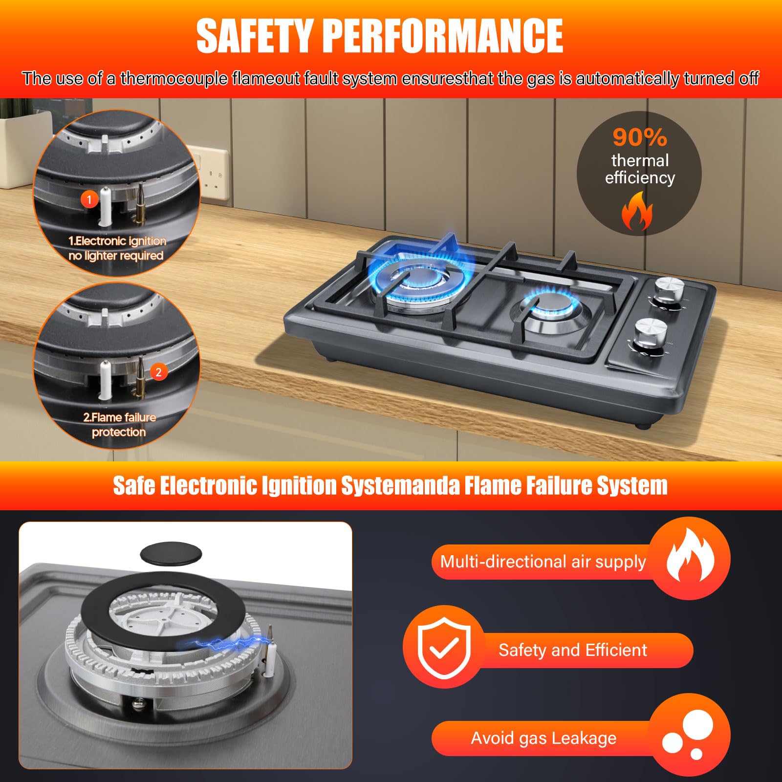 Gas Hob,Built-in Stainless Steel Gas Hob 2 burners with Flame Failure Protection,Cast iron grille,Power cable110cm/43in,Cast Iron Pan Support,LPG/NG Kit,51cm x 31cm — view 4