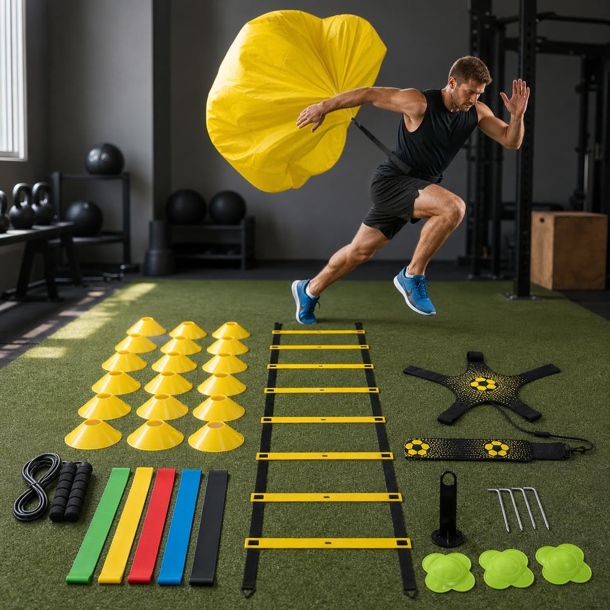 Attrezzatura Calcio Set Allenamento con Agilità Ostacoli Coni Marker Piatta Paracadute Resistenza in PP con Cintura Vita Adatta per Preparazione
