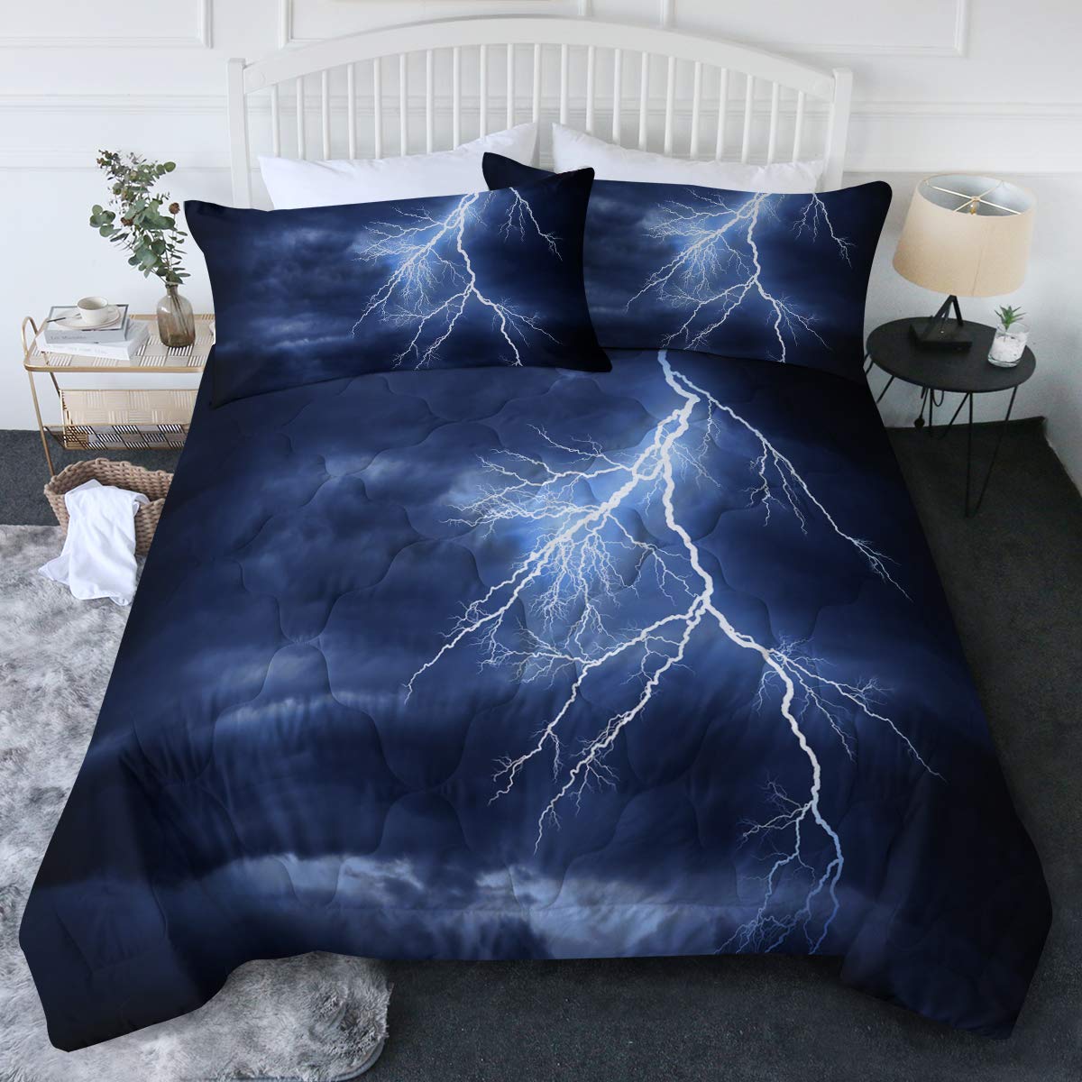 BlessLiving Lightning Storm Bedding Blue Lightning Strike Comforter Set 3 Piece Twin/Twin XL Size 3D Lightning Storm Bed Sets for Teens Kids Boys and Girls
