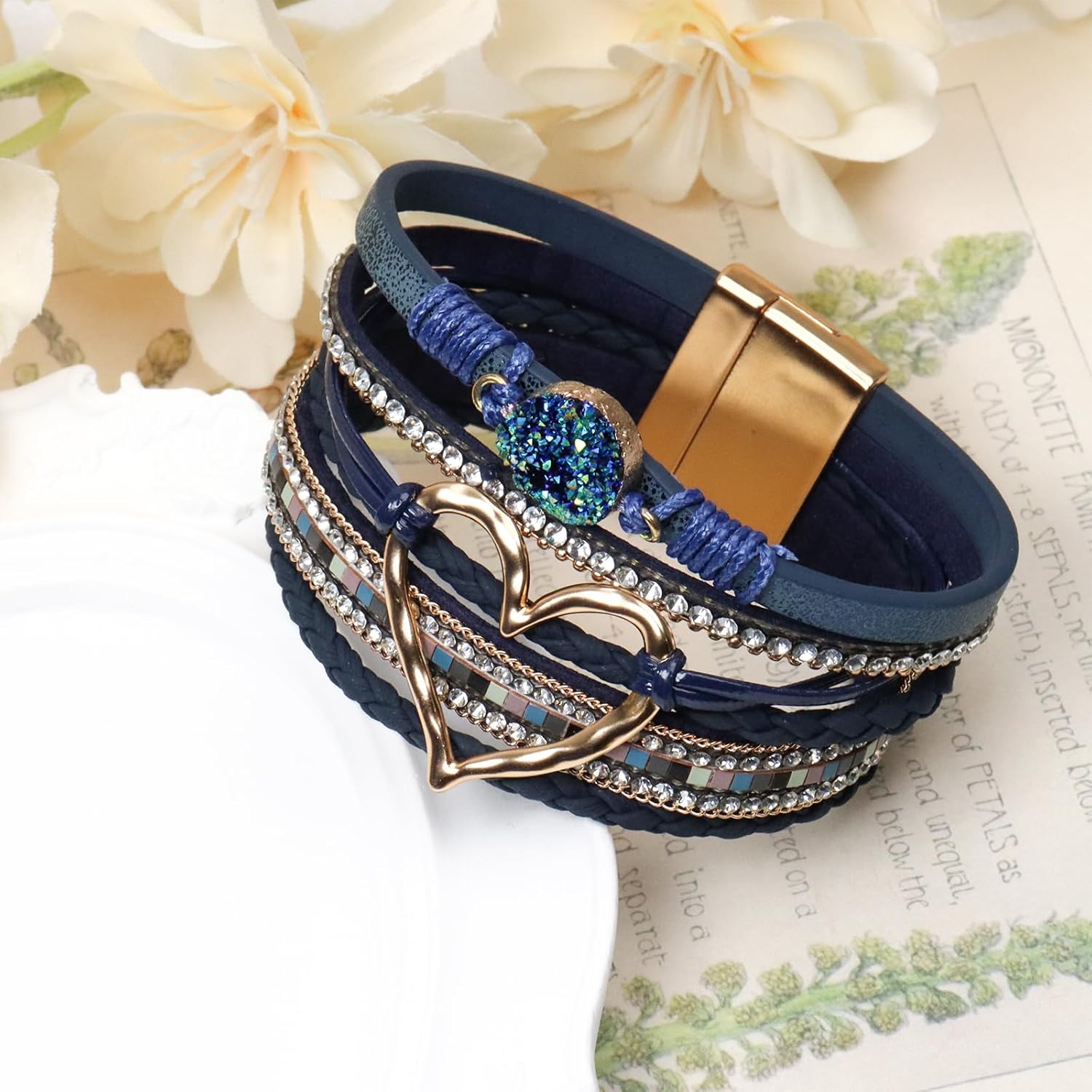 Leather Wrap Bracelet for Women, Boho Cuff Bracelet with Strong Clasp, Multi-Layer Crystal Leather Bracelet for Valentine's Day - Image 5