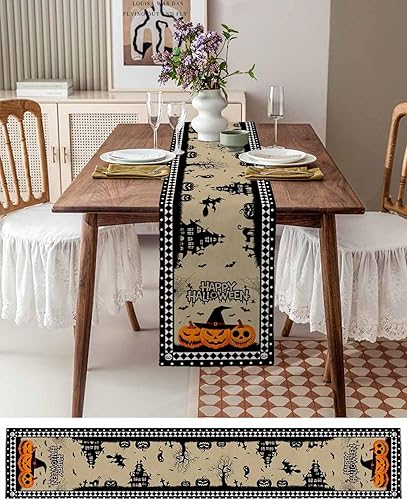 Vista 13 de Camino de mesa de Halloween, 36 pulgadas de largo, casa encantada, camino de mesa de calabaza, camino de mesa de cocina, comedor, tocador, bufandas