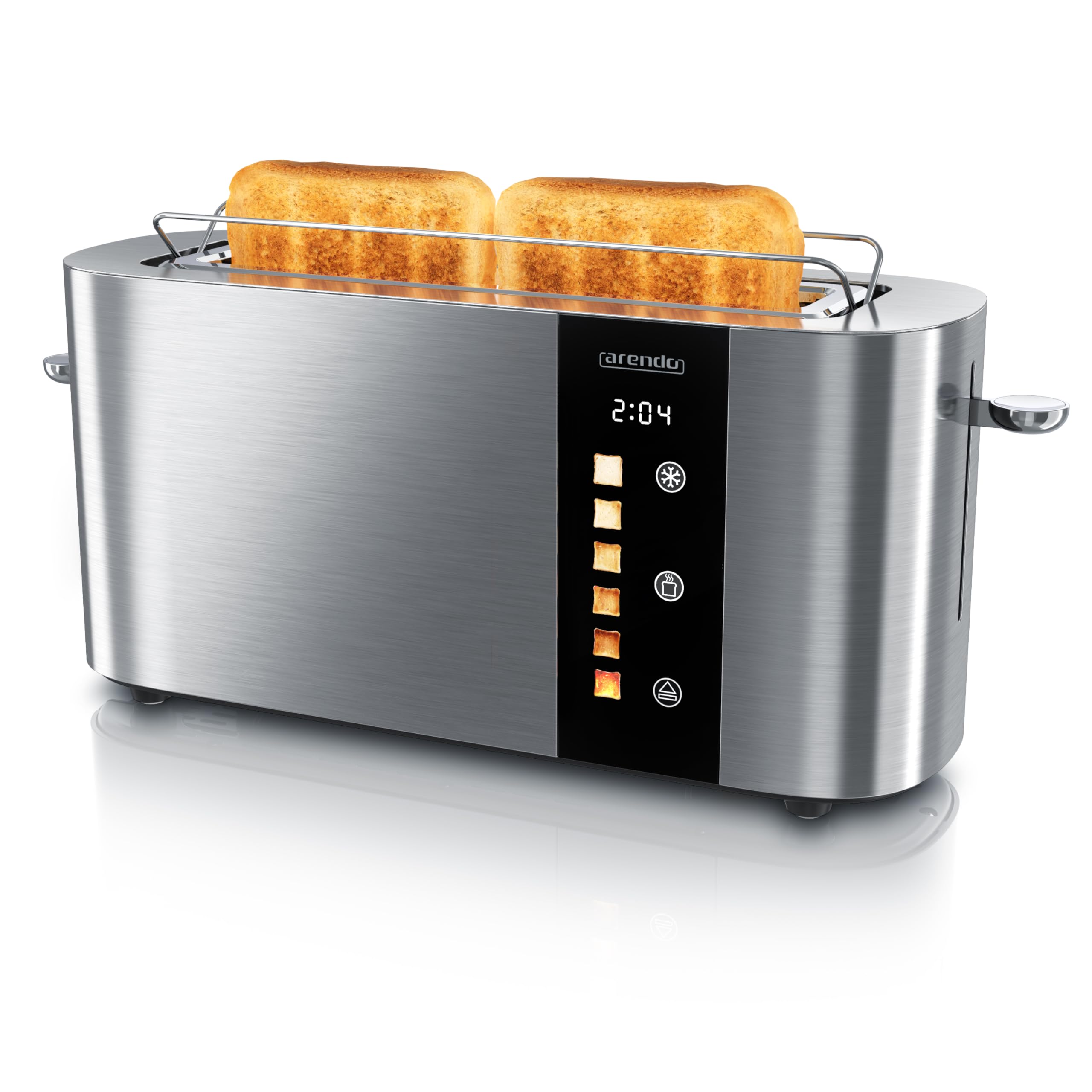 Arendo - Edelstahl Toaster 2 Scheiben Langschlitz - Touchscreen – Doppelwandgehäuse – Integrierter Brötchenaufsatz – 6 Bräunungsgrade – Brotzentrierung – Restzeitanzeige – Memoryfunktion - Silber