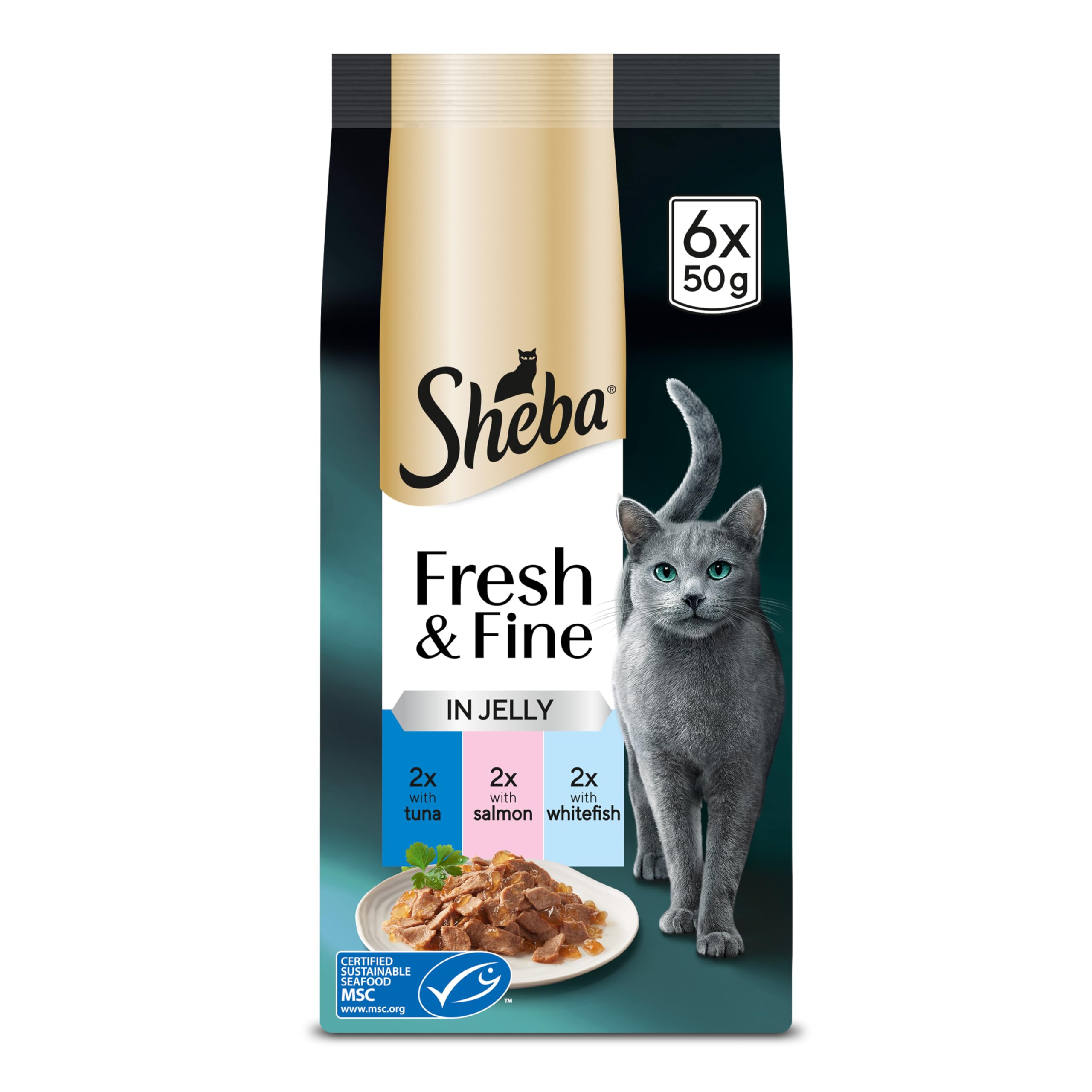 SHEBA Fresh and Fine Cat Pouches with Tuna and Salmon in Jelly 8 x 6x50g– Delicious Tuna and Salmon Cat Food in Jelly