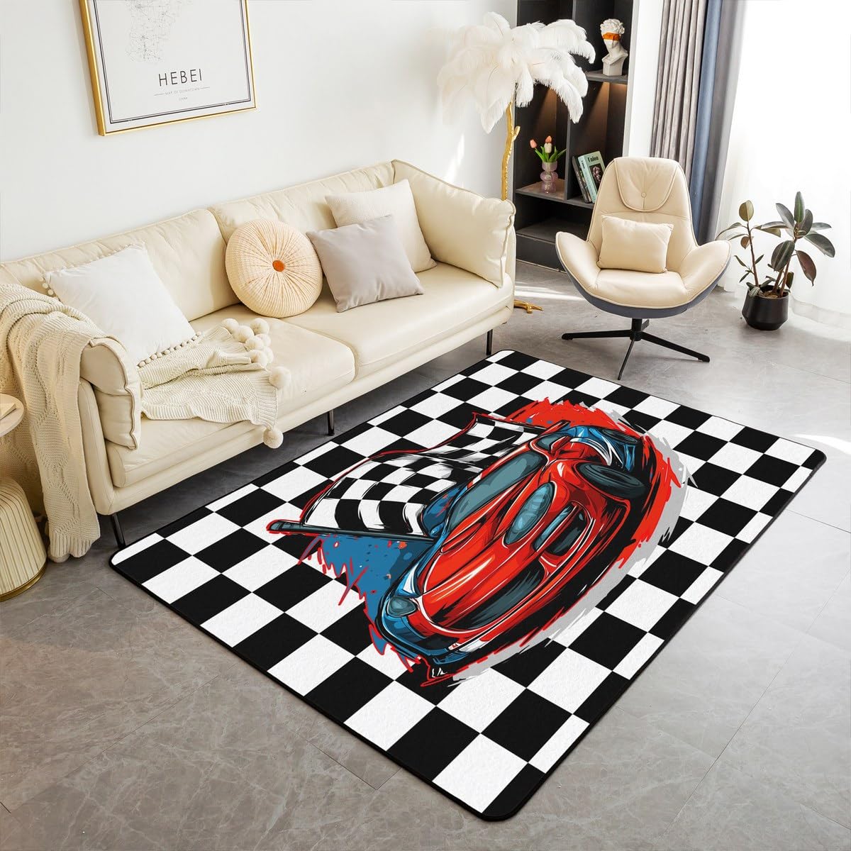 Red Race Car Area Rug 6'6" x 4'11",Cool Racing Car Living Room Rugs,Competition Extreme Sports Game Carpet for Kids Boys Girls Teens Bedroom Playroom
