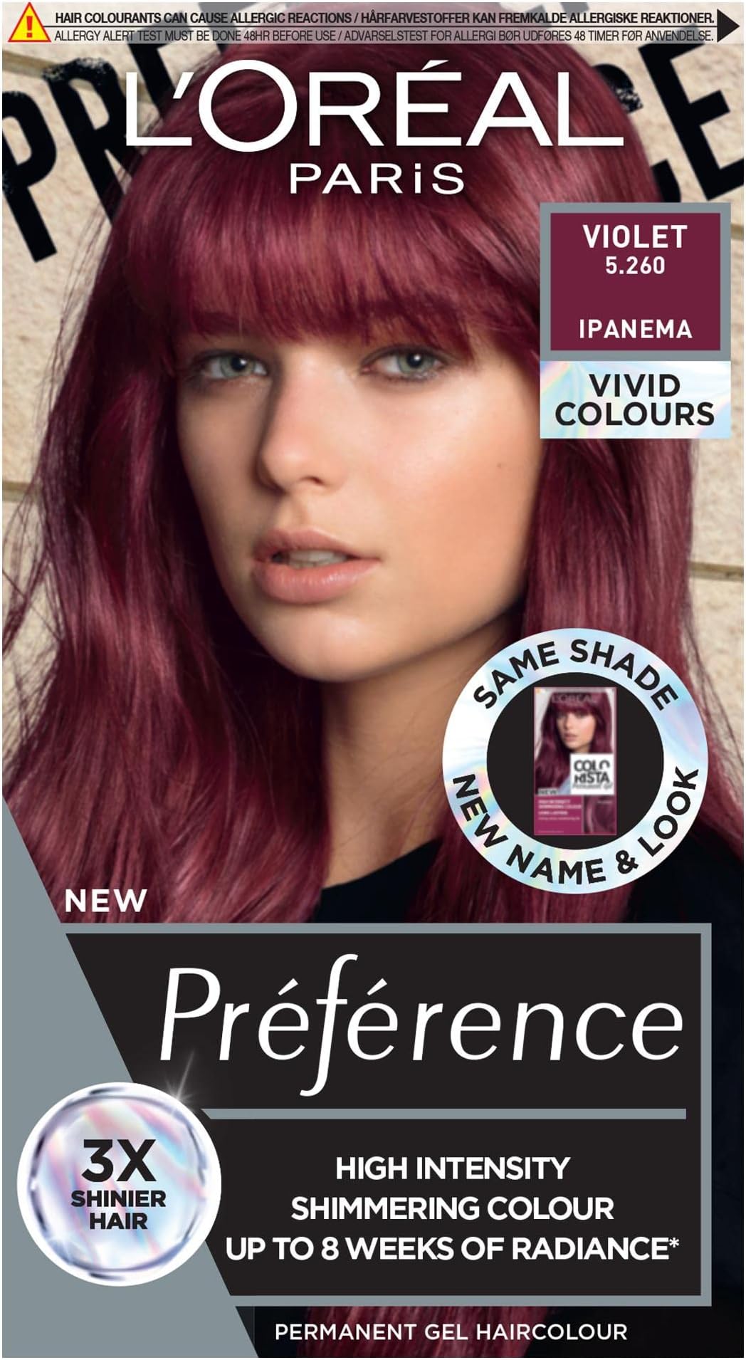 L'Oréal Paris Permanent Hair Colour, Long-Lasting Shine and Intense Colour, For up to 8 Weeks, Preference Vivids (Colorista), Violet 5.26, x1 pack