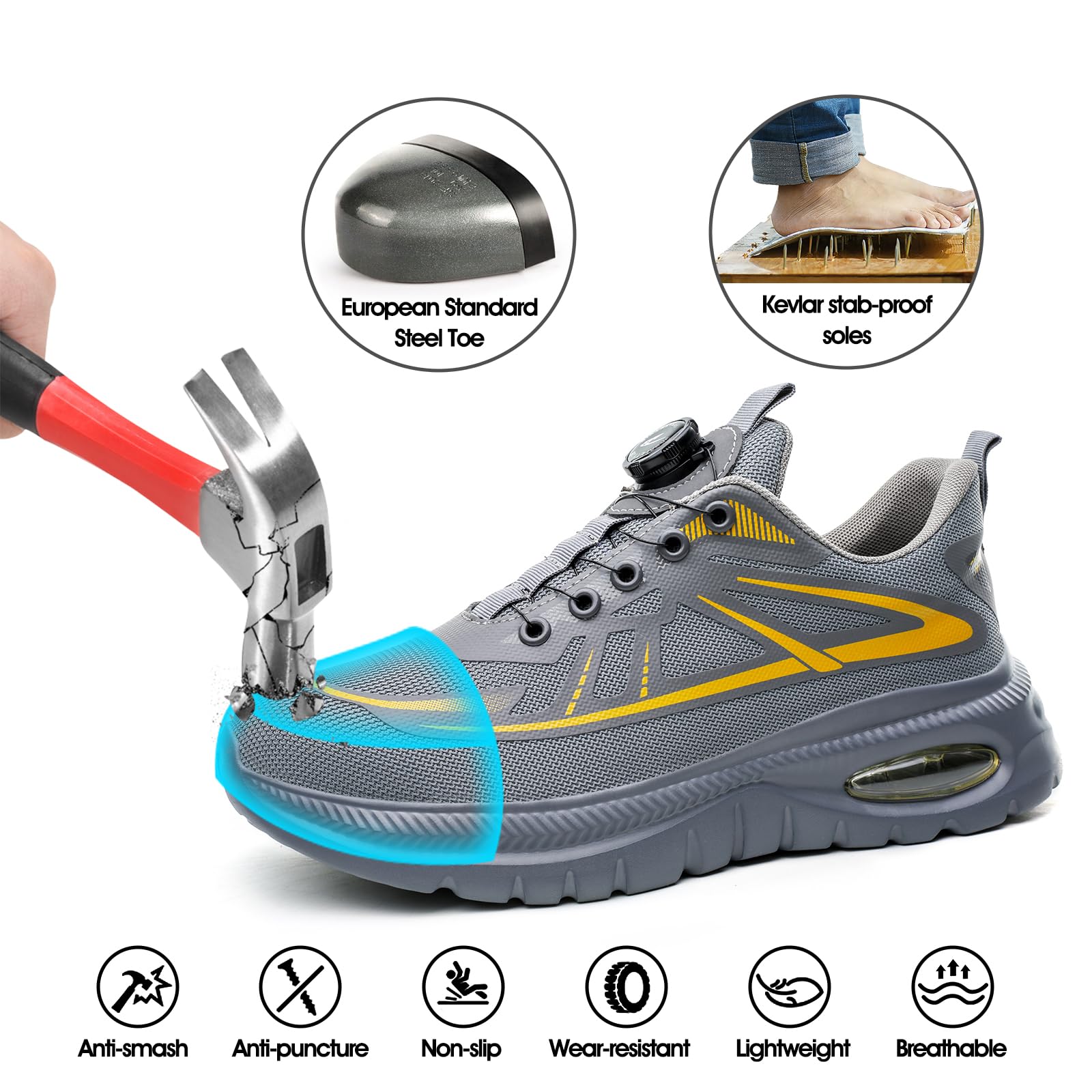 GemChve Scarpe Antinfortunistiche Uomo Donna Scarpe da Lavoro Leggere Comode Traspiranti Scarpe Sicurezza Punta Acciaio Senza Lacci 37-46EU
