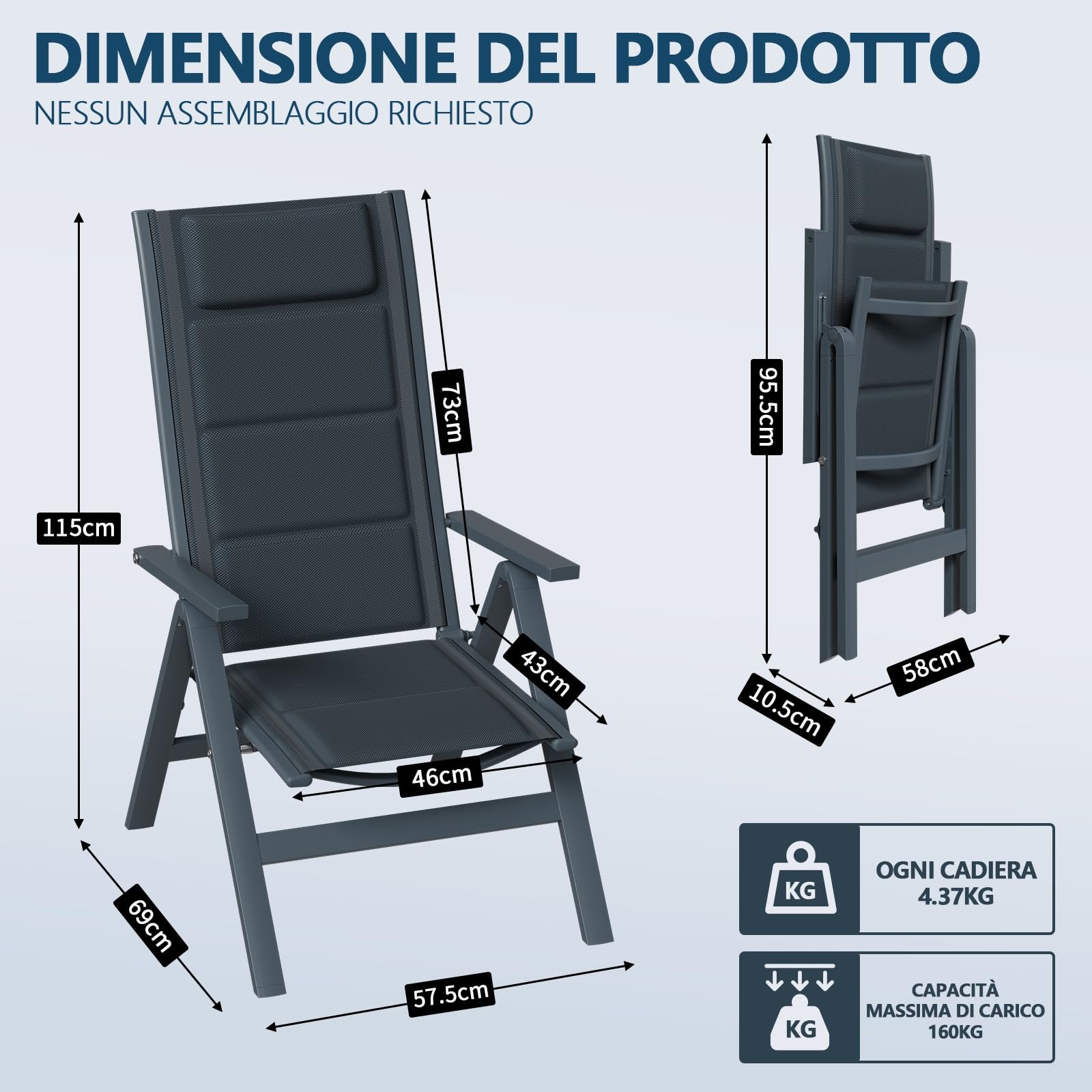 Devoko Set 2 Sedie da Giardino Pieghevoli in Alluminio Regolabile 7 Posizioni Schienale Alto