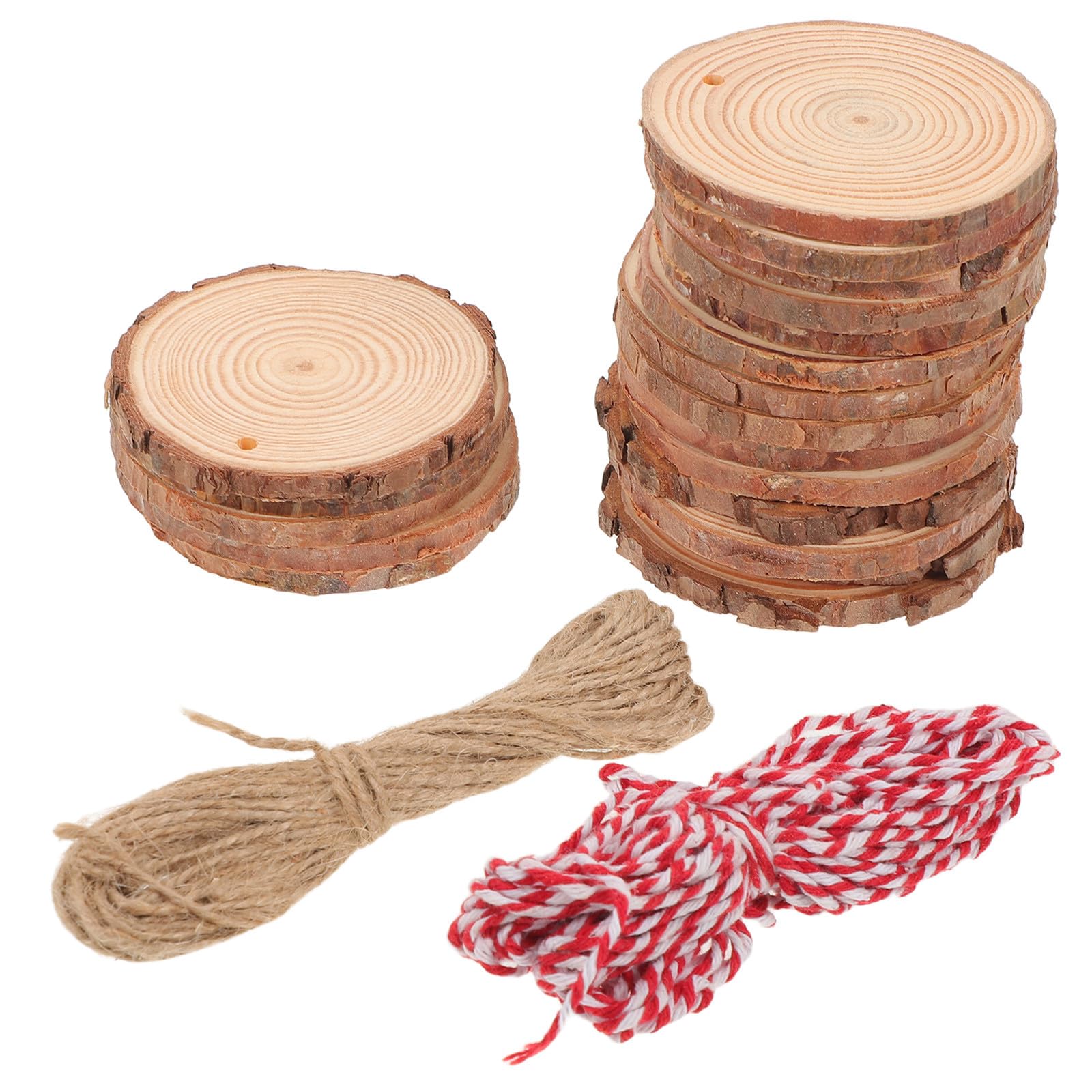 jojofuny 30 Holzscheiben Runde Naturholz Kreise mit Loch für Basteln Selbstgemacht Weihnachten Dekoration mit Jutestrick