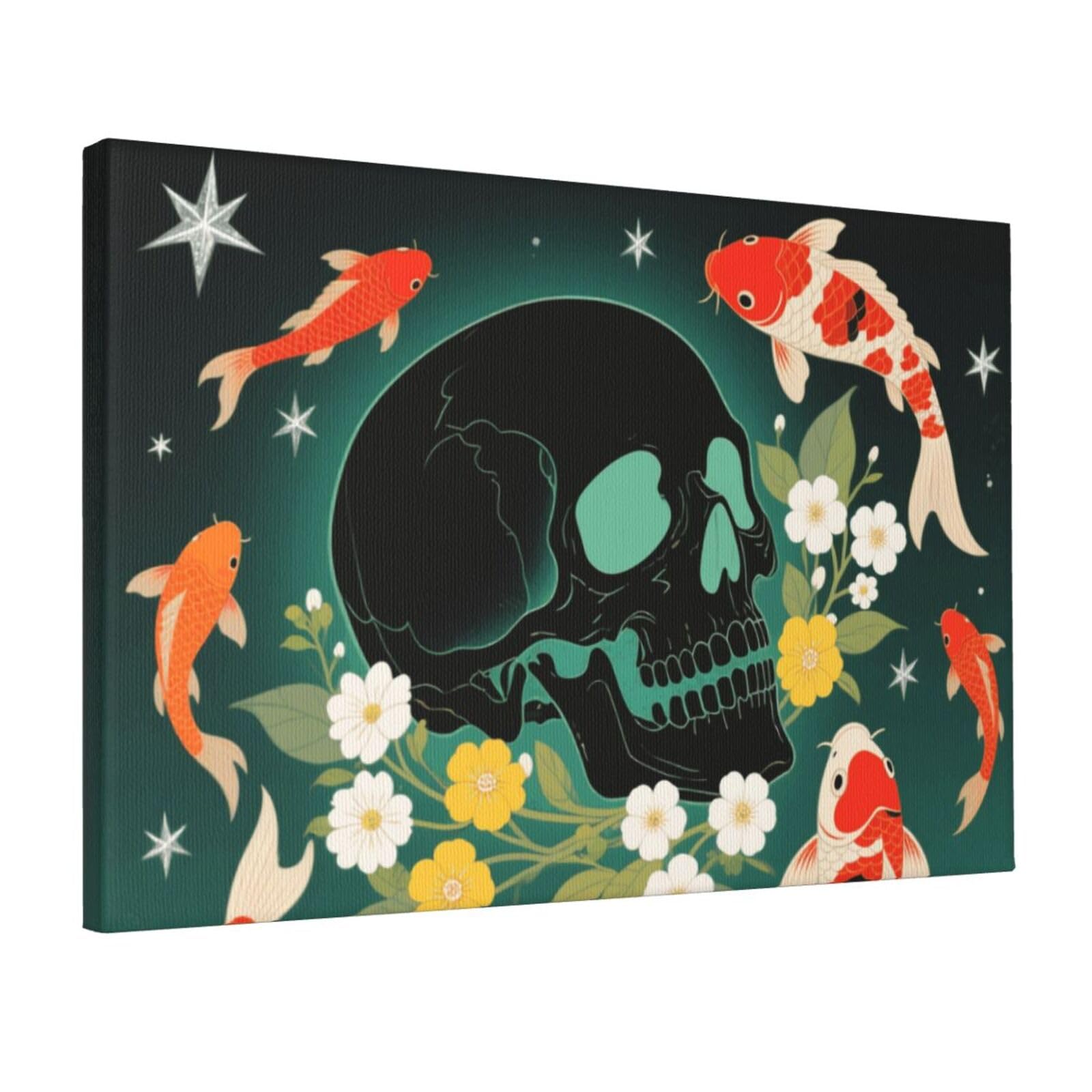 Fodpand Koi Fish Skull Unframed Canvas Wall Art,Modern Posters Print Wall Decor Canvas Oil Painting For Bedroom Living Room Bathroom Wall Hanging Artwork Ready To Hang 12"X18"