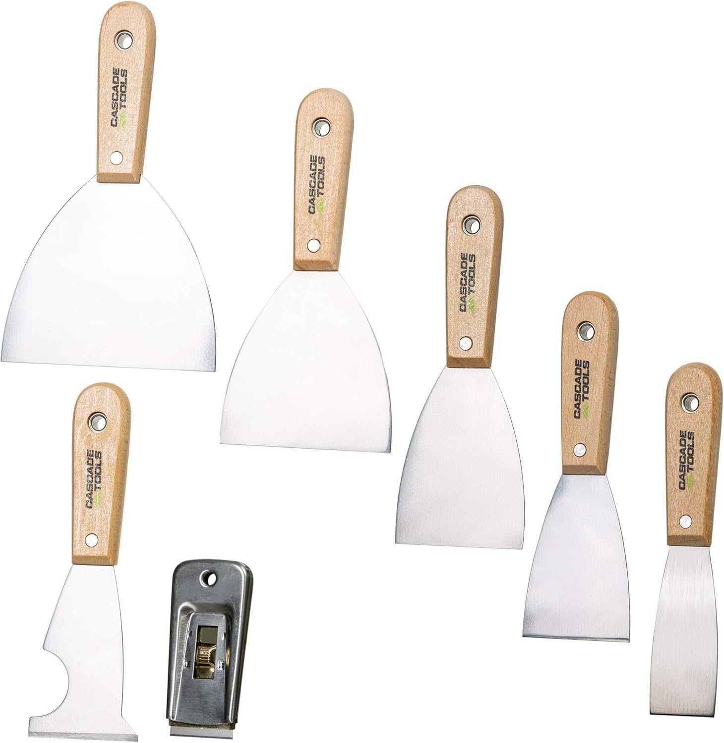 7 Piece Set - Putty Knife, 5 in 1 Multi Tool & Razor Scraper (Medium Flex & Wood Handle) - Wall Scraper & Drywall Knife - For Spreading Drywall Spackle & Mud, Taping, Scraping Paint,and More - - 