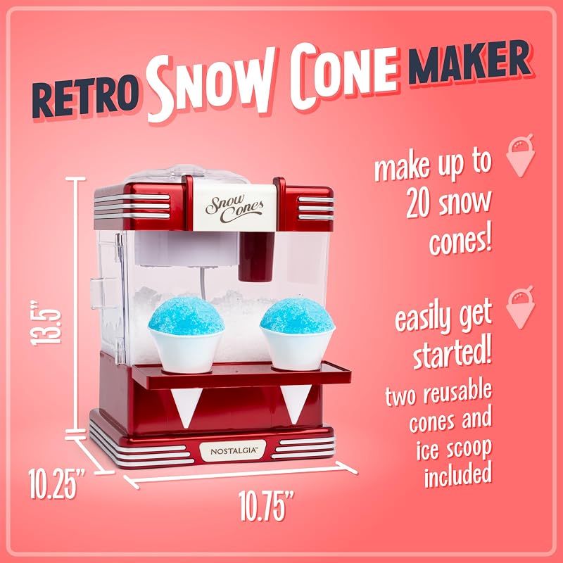 Nostalgia Snow Cone Shaved Ice Machine - Retro Table-Top Slushie Machine Makes 20 Icy Treats - Includes 2 Reusable Plastic Cups & Ice Scoop - Retro Red image 2