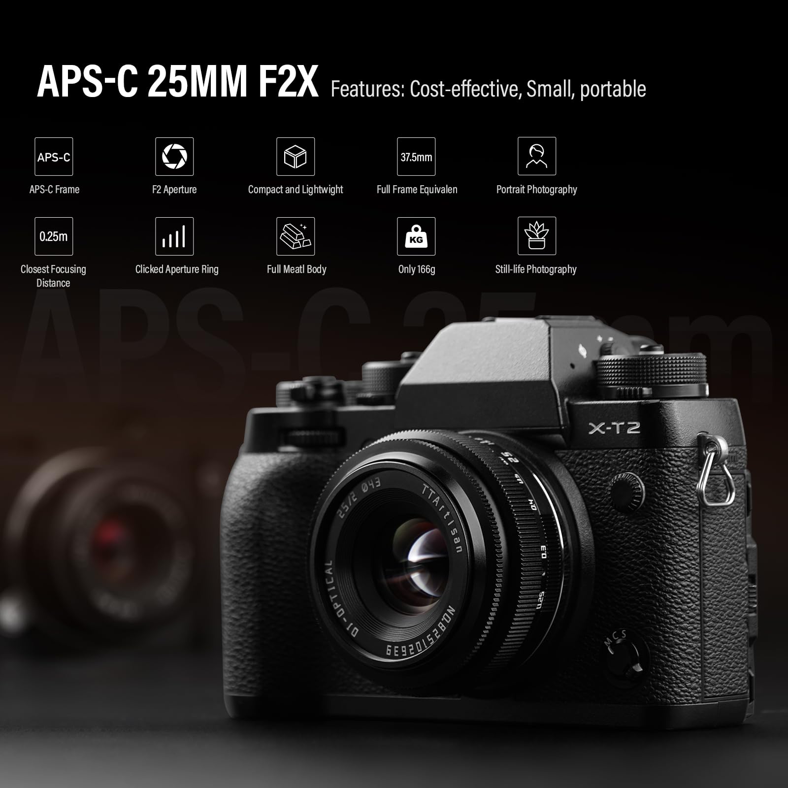 TTARTISAN 25mm F2 Objectif Camera Lens pour Monture Fuji X APS-C Objectif Pancake Métallique Portable Manuel pour Monture Fujifilm XF X-T5 X-H2S X-S20 X-T30 II X-E4 X-S10 X-H2 X-H1