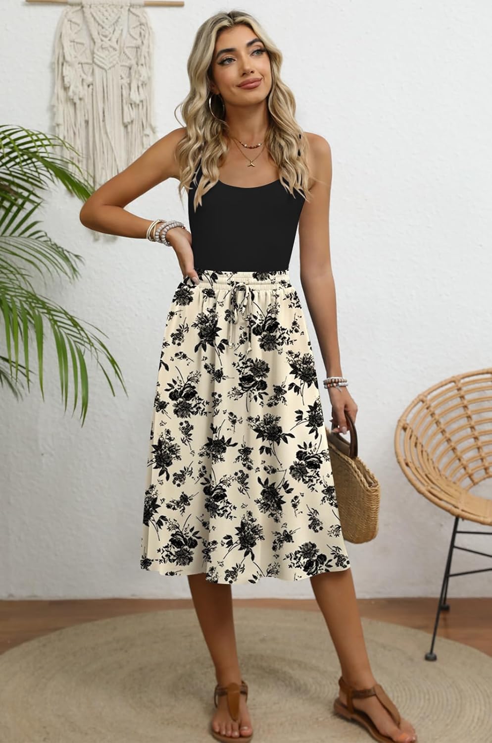 Women's Midi Skirt Summer Pleated Flowy Elastic High Waisted Skirts with Pockets - Image 2