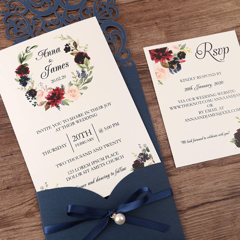 Hochzeitseinladungen, blanko, lasergeschnitten, Marineblau, mit Rsvp-Karten und Umschlägen Schleifenband, Perlenverzierungen, Hochzeitseinladungskarten für 50 Stück