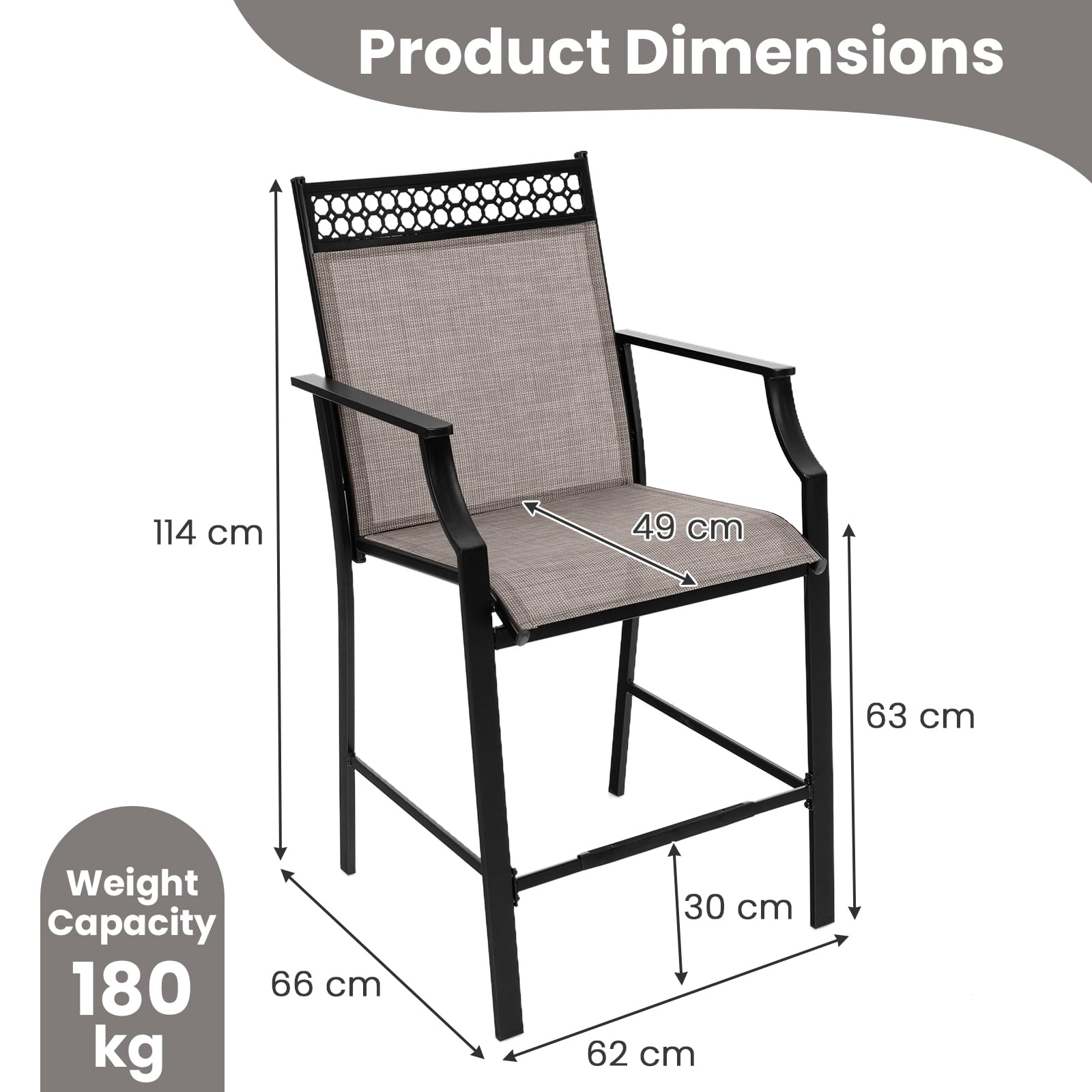 KOMFOTTEU Juego de 2 Sillas de Jardín, Silla Alta de Tela con Marco de Metal, Taburete de Bar con Respaldo y Reposabrazos, Silla de Comedor con Carga 180 kg para Terraza, 66 x 62 x 114 cm (Café)