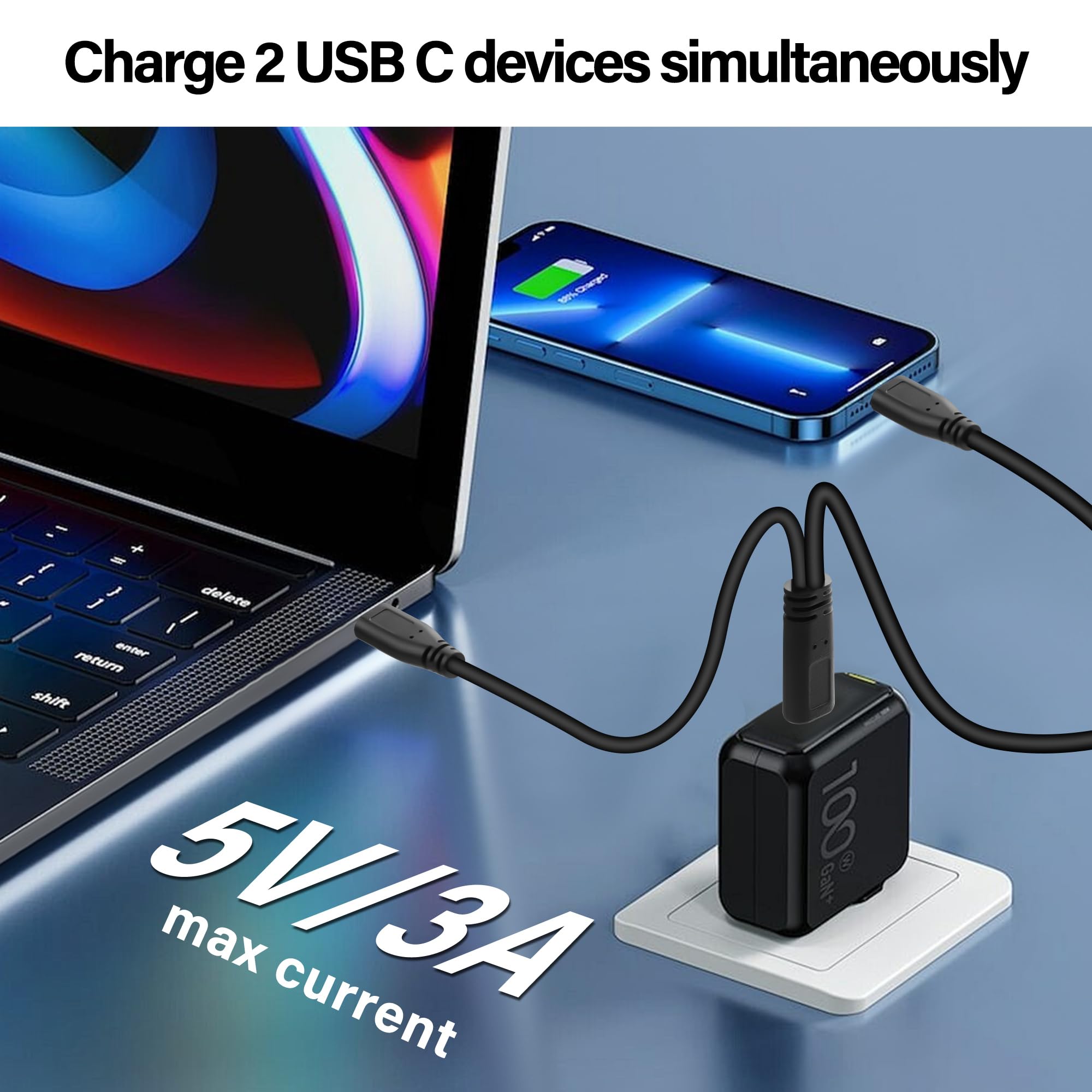 Cavo USB C Splitter 2 In 1 Corto 30cm - Ricarica Rapida 3A Per Due Dispositivi Type-C