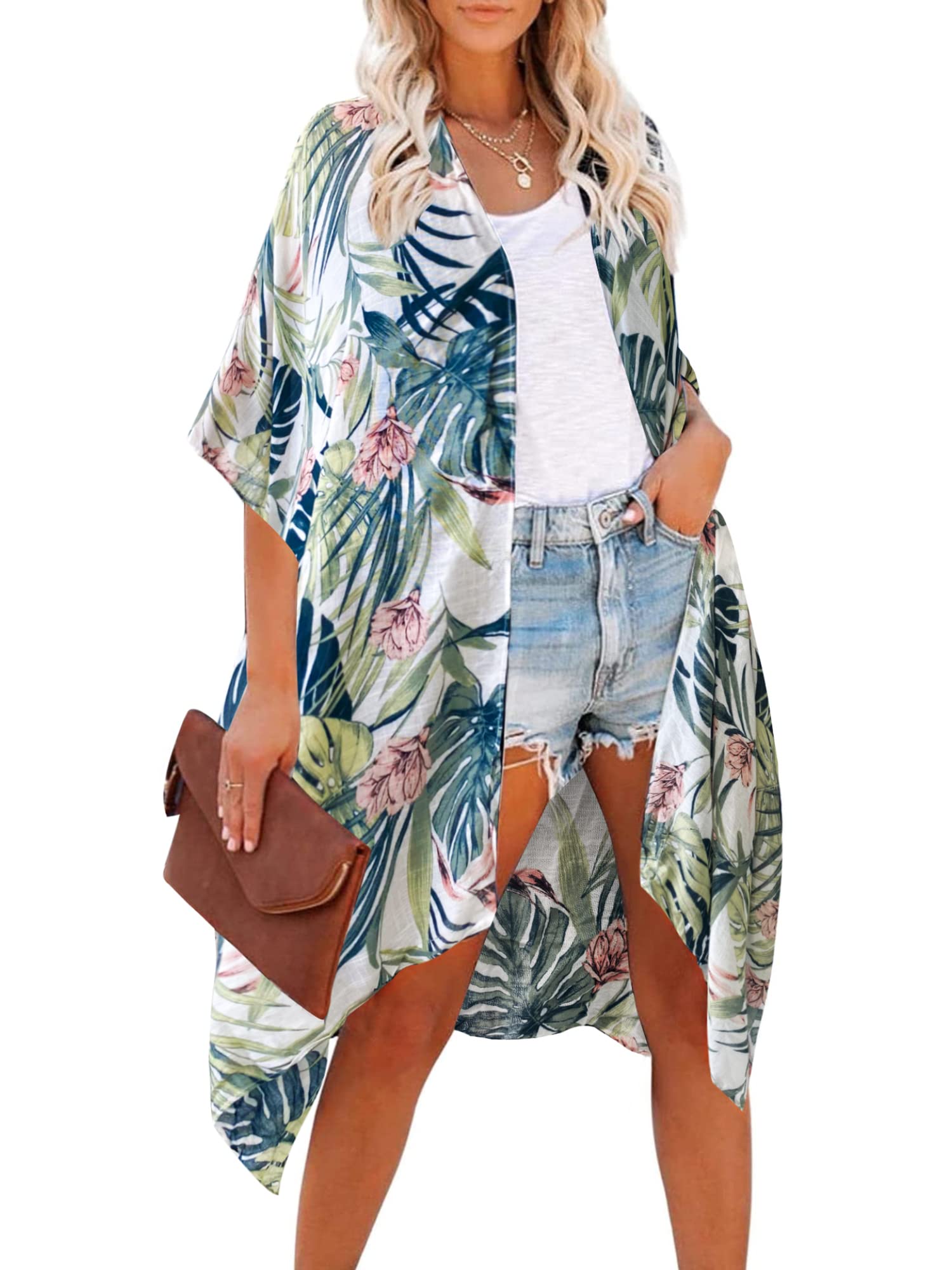 Moss RoseWomen's Beach Cover up Swimsuit Kimono Cardigan with Bohemian Floral Print