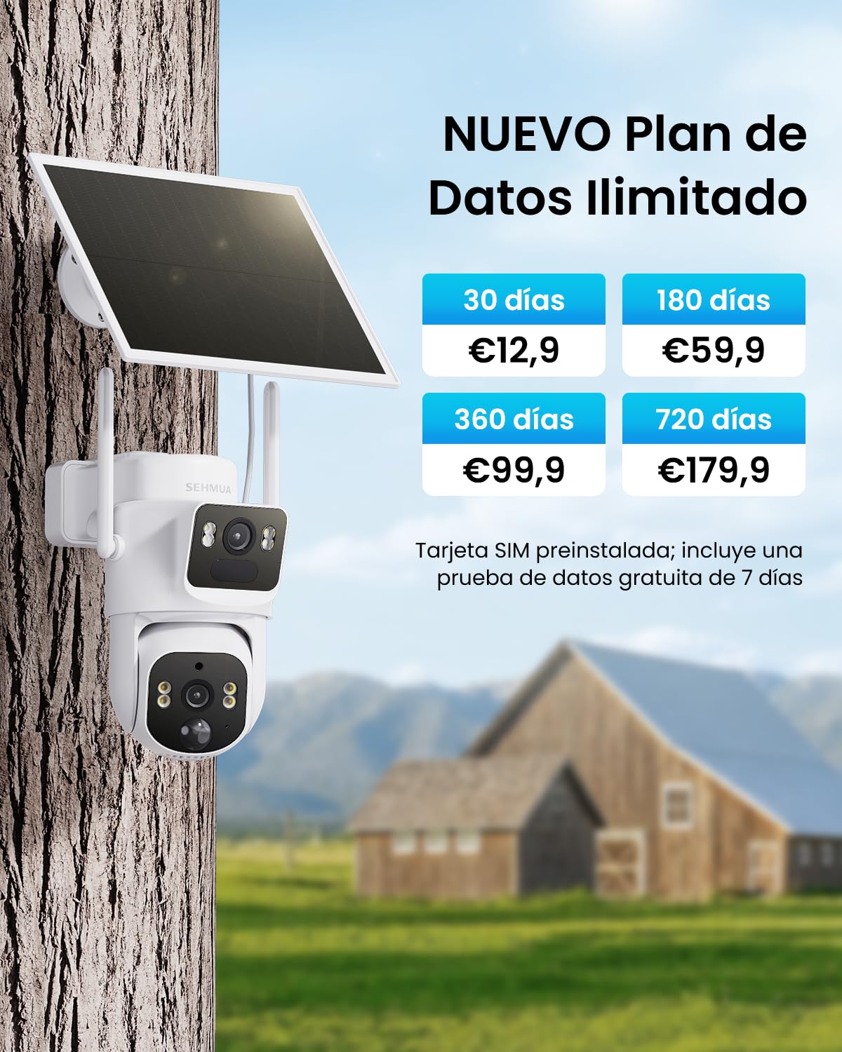 SEHMUA Cámara 4G Exterior Solar con Tarjeta Sim（Doble Lente） 2K+2K | Cámara de Vigilancia Inalámbrica con Detección Humana por IA, Alarma de Luz y Sonido, Visión Nocturna a Color, PTZ 360°, IP65