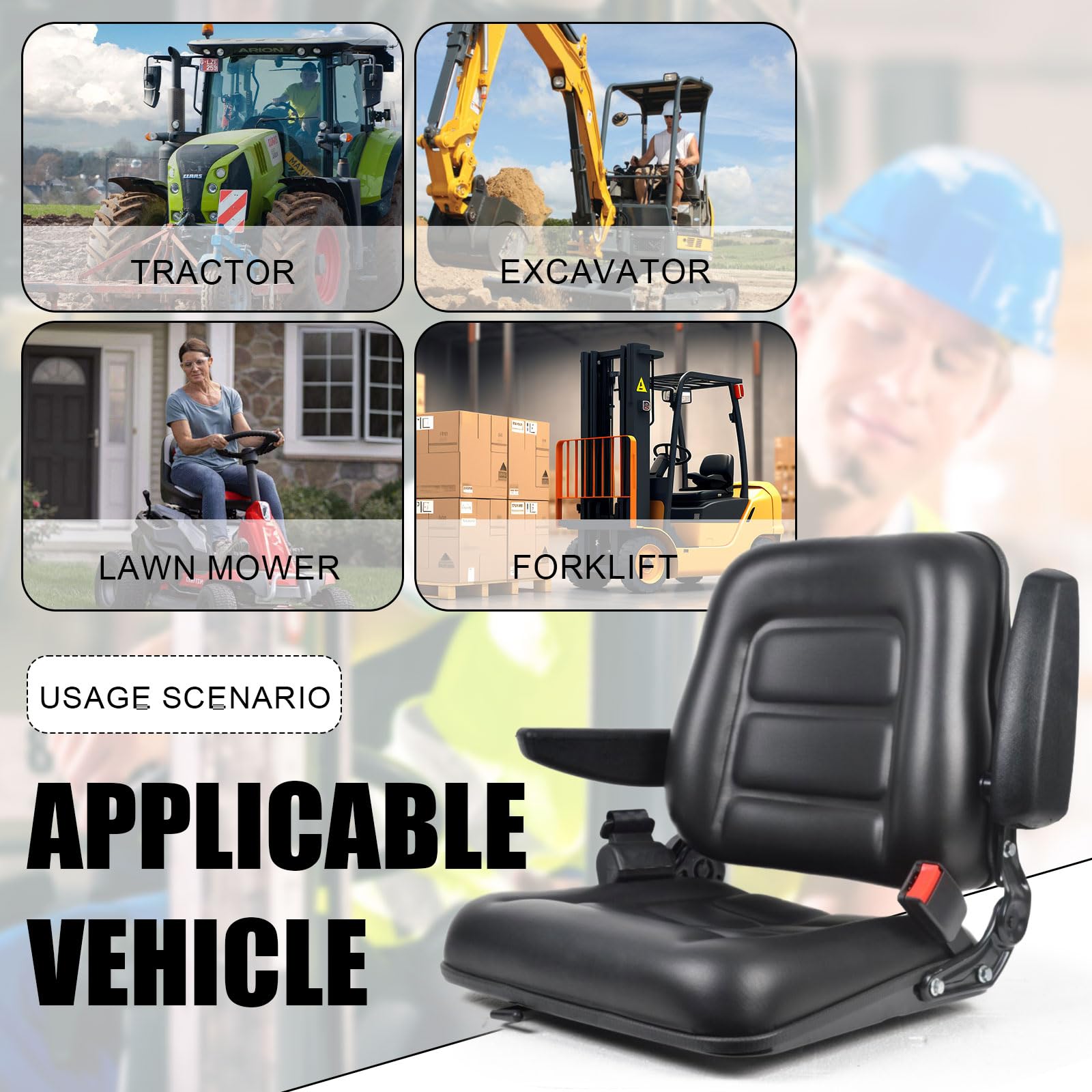 Sedile universale per carrello elevatore con schienale regolabile, bracciolo, cintura di sicurezza e binario di scorrimento, impermeabile, in PVC, per trattore, tosaerba, caricatore skid,