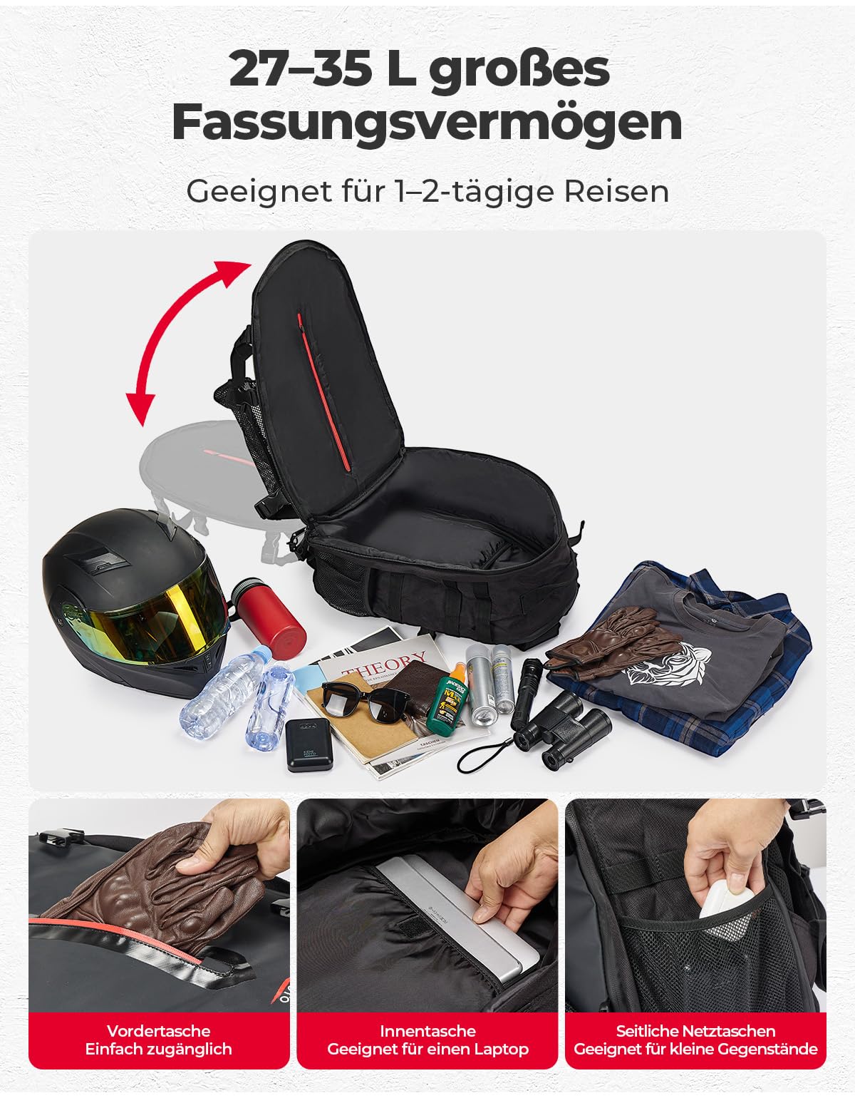 KEMIMOTO Plecak na kask motocyklowy, 35 l, torba na kask z ukrytą siatką na kask, duży uchwyt na kask