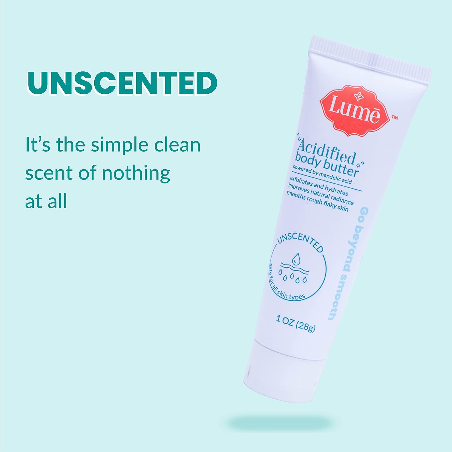 Lume Acidified Body Butter 4 Pack Mini Sampler - Powered by Mandelic Acid, Exfoliates and Hydrates, Improves Natural Radiance, Smooths Rough Flaky Skin, 1 Ounce Tubes