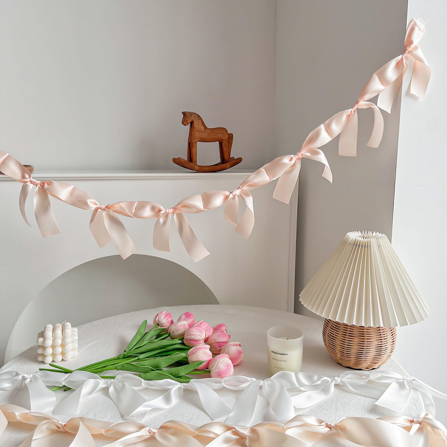 Eanjia Peach Bow Garland Pre-Assembled | 6ft Silk Satin Bow Banner for Coquette Bachelorette Party, Soft Blush Baby Shower,Bridal Shower Wedding Baby