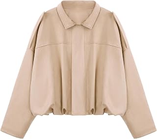 Women's Faux Suede Bomber Jacket Casual Pilot Coat Oversized Spring Fall Batwing Long Sleeve Streetwear Outwear
