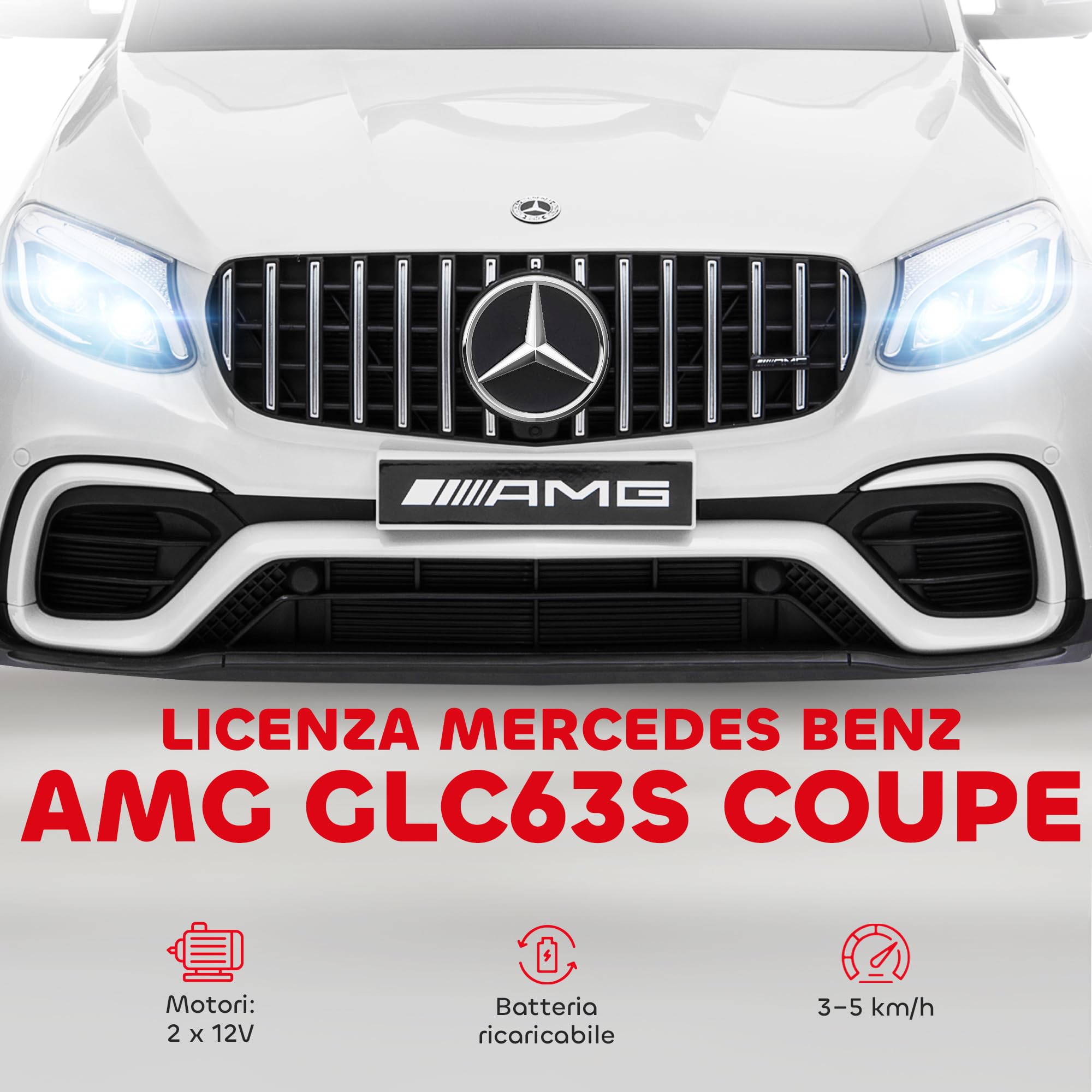 HOMCOM Macchina Elettrica per Bambini 12V Mercedes-Benz AMG GLC63S COUPE, Auto Elettrica per Bambini 3-5 Anni, Velocità 3-5km/h, con Cintura di Sicurezza, Telecomando e USB per Musica MP3, Bianco