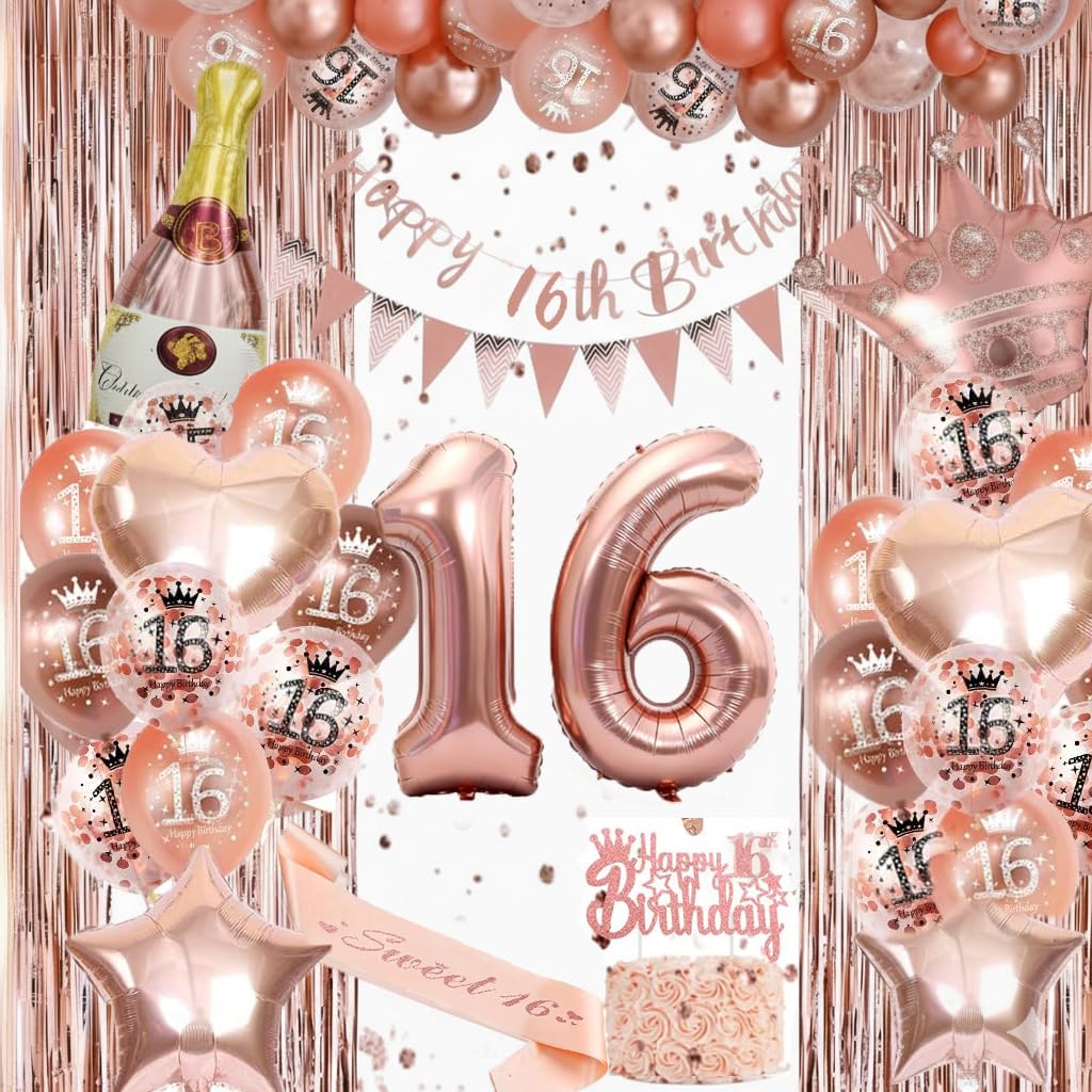 Omrel Rose Gold 16th Birthday Decoration for Girls - Happy 16th Birthday Banner, Triangle Flag Banner, Number 16th Birthday Balloons for Party Decorations