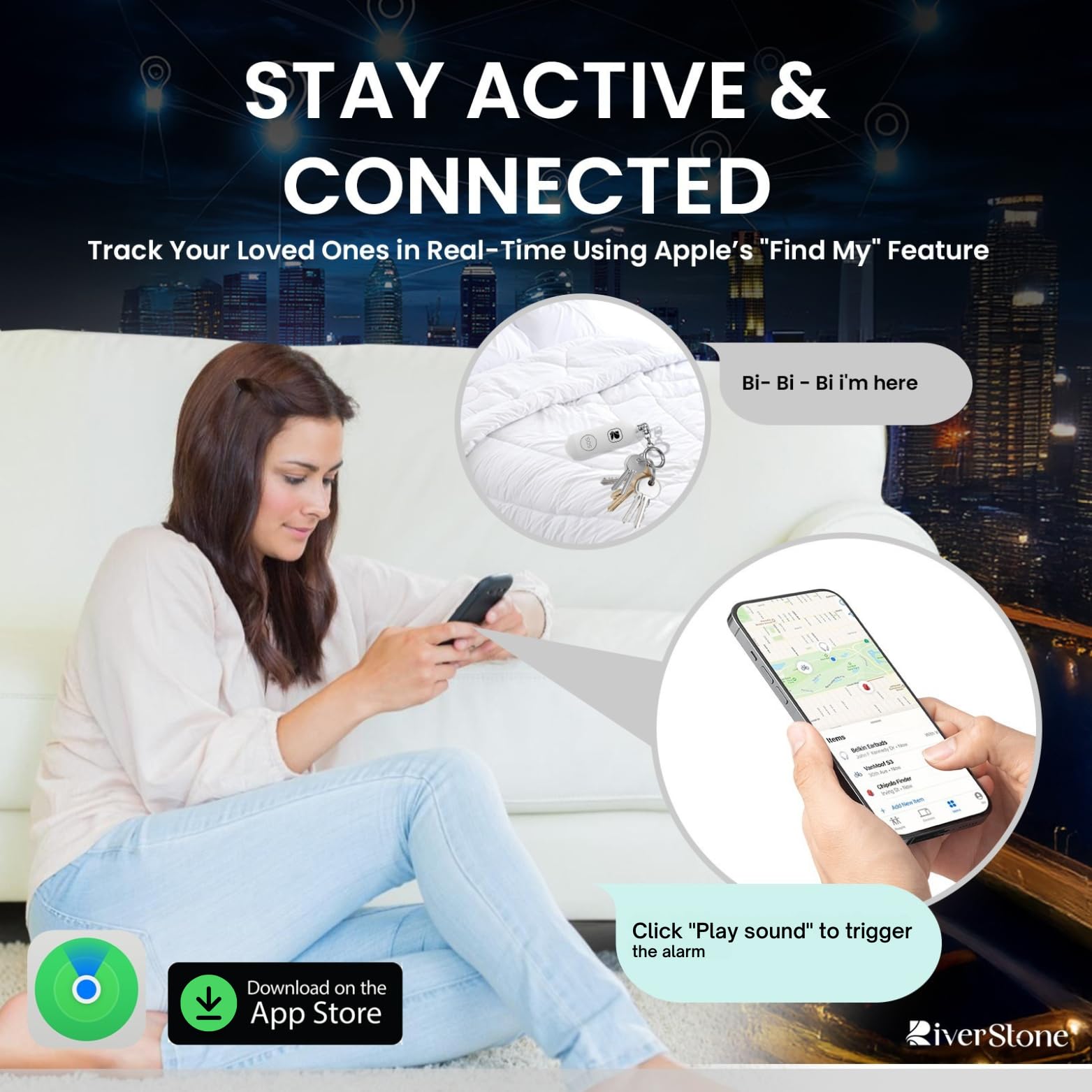 RiverStone Alarme de Sécurité personnelle 130dB pour Apple FindMy iOS (14.5+) Porte-Clés Traceur Anti-Agression, Sirène d’Urgence Femme Enfant Senior, Localisation, Auto-Défense, Batterie Longue Durée