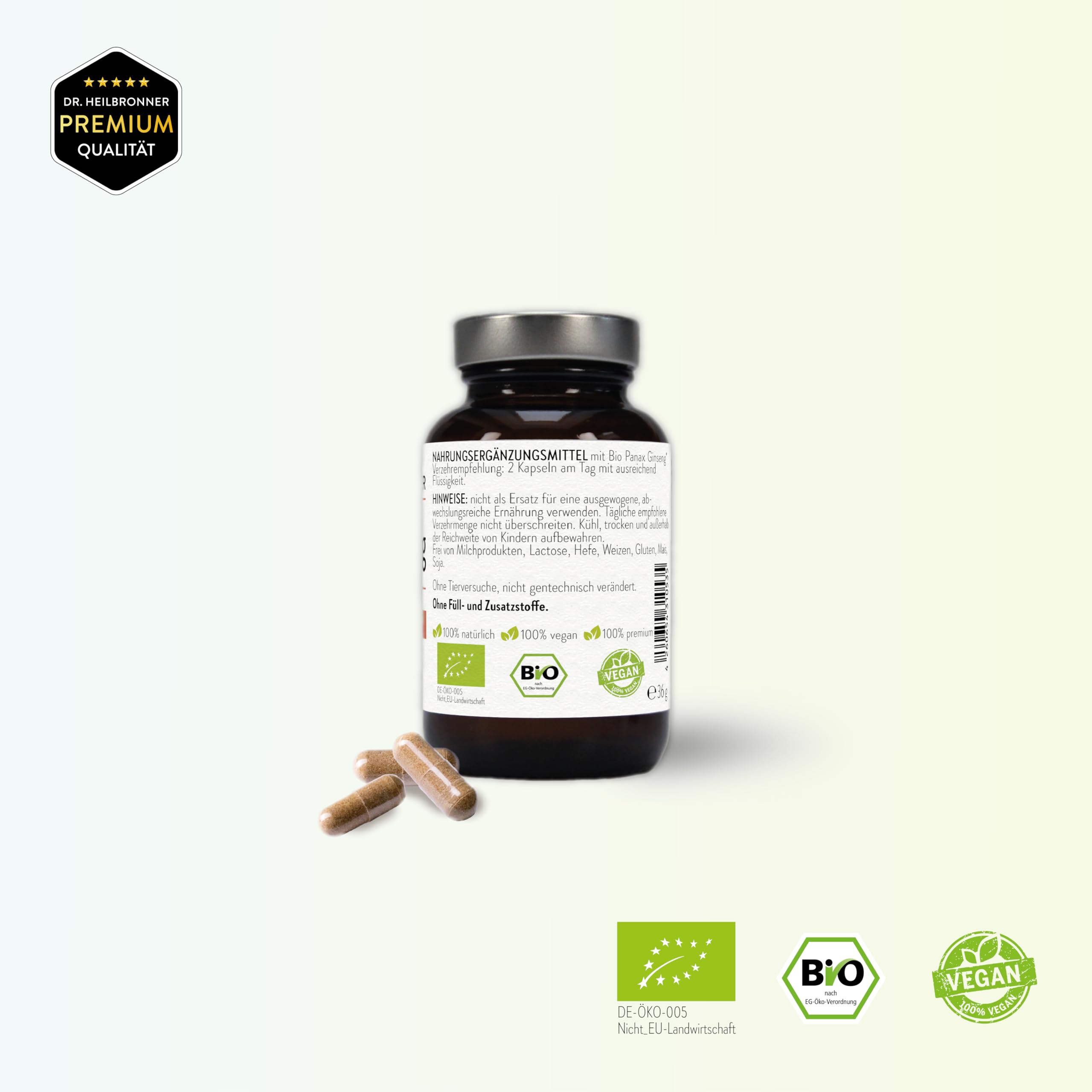 Dr. Heilbronner Bio Panax Ginseng - hochdosierter Wurzelextrakt - 60 Kapseln in der Glasflasche - Vegan