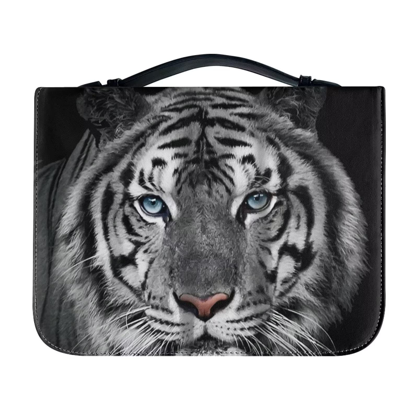 CozeyatPU Leather Bible Covers for Men, Cool Tiger Pattern Bible Case for Boys Extra Large Size, Water Resistant Church Bag Tote Easy to Carry