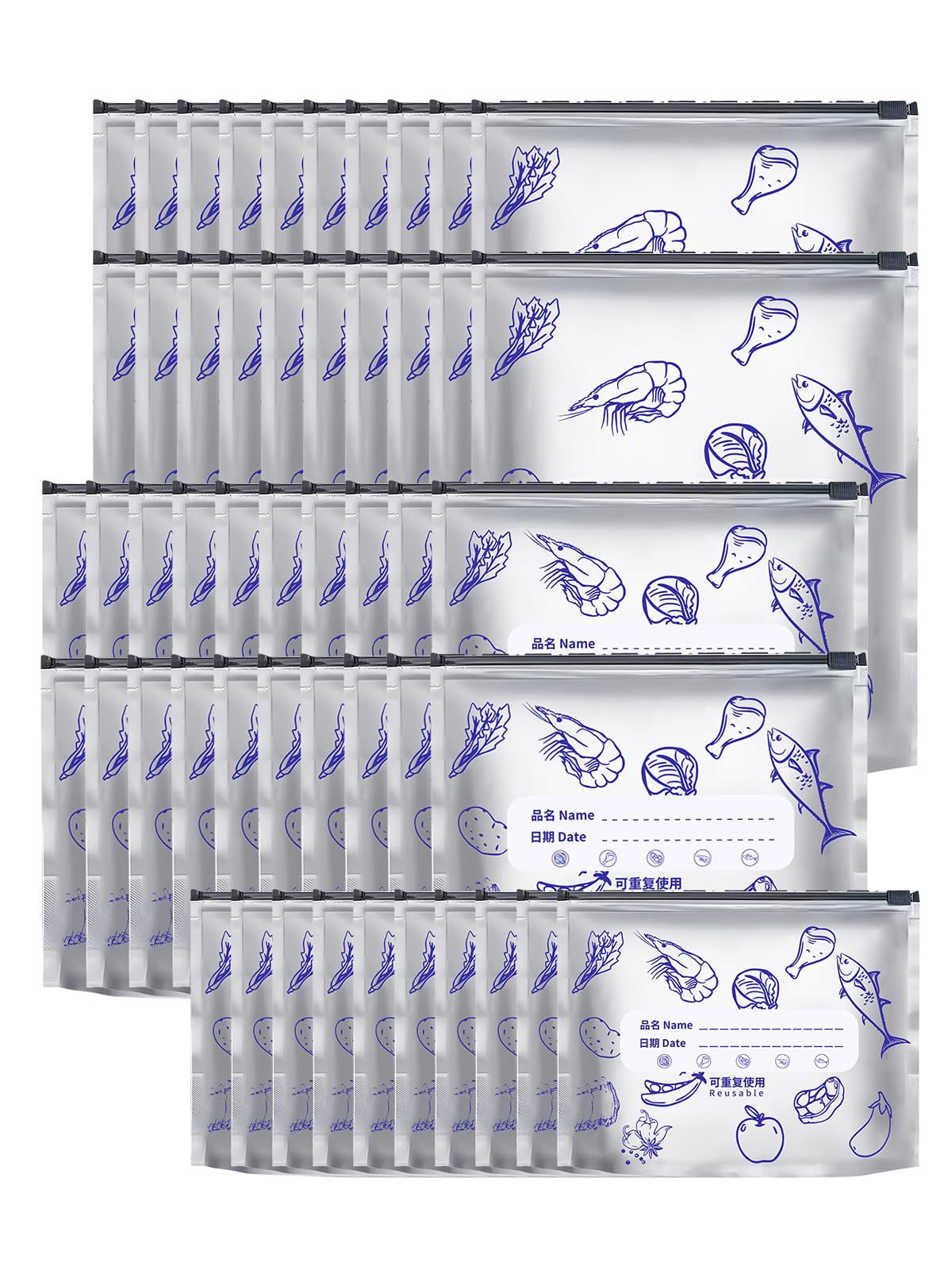 Beyrf Silver 50Pcs Aluminum Foil Slider Storage Bags, Reusable Airtight Food Saver Pouches, Leakproof & Odor-Proof Freezer Bags For Meat, Vegetables, Snacks, Meal Prep - Mix Pack