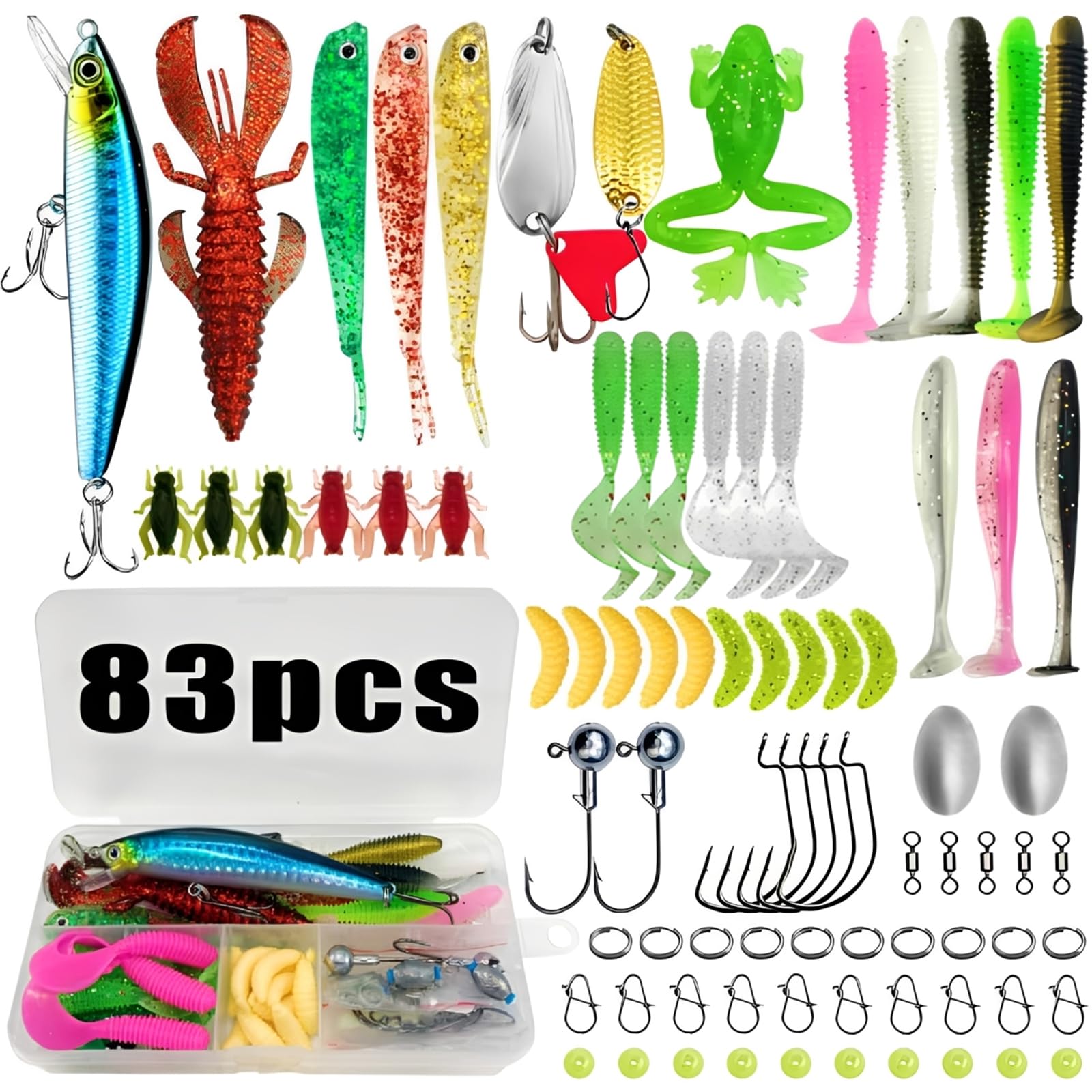 83 PCS Pike Lures, Fishing Lures Kit with Tackle Box for Bass Trout Accessories for Freshwater,Tackle Box Included Crankbaits, Hooks, Jigs and More Other Accessories, Fishing Gear Kit for Anglers