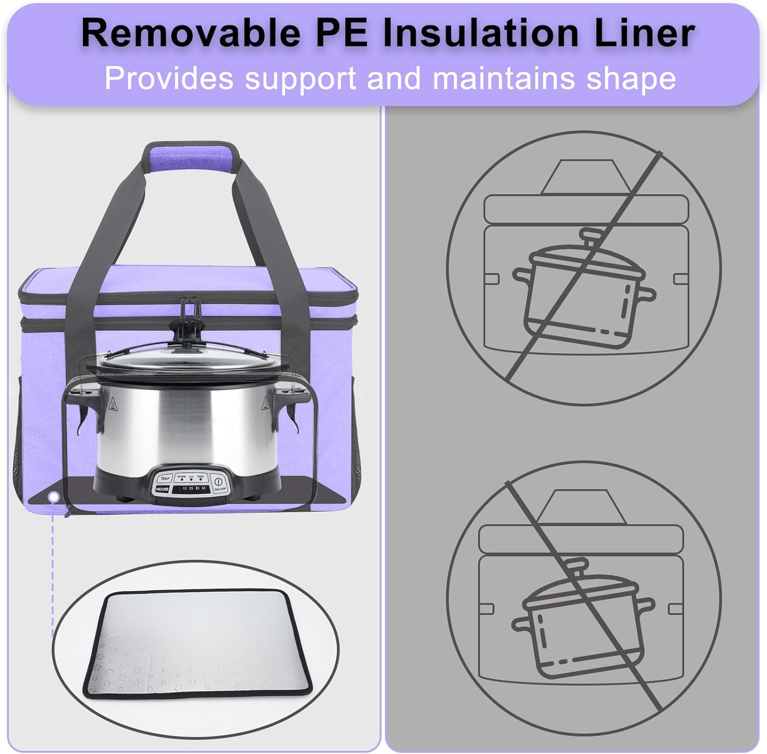 Slow Cooker Carrying Bag, Double Layer Insulated Design Slow Cooker Carrier with Removable Hard Liner and Pot Lid Fastener Fit for 6-8 Quart Crock Pot, Purple