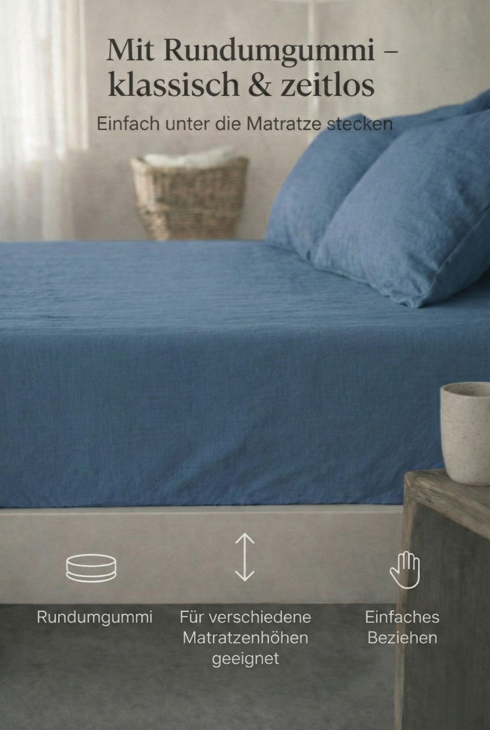 Leinen Spannbettlaken – 100% Stonewashed Leinen – Rundumgummi – Atmungsaktiv, Temperaturregulierend & Hautfreundlich – Ohne Kissenbezüge (Blau, 180 x 200 +30 cm)