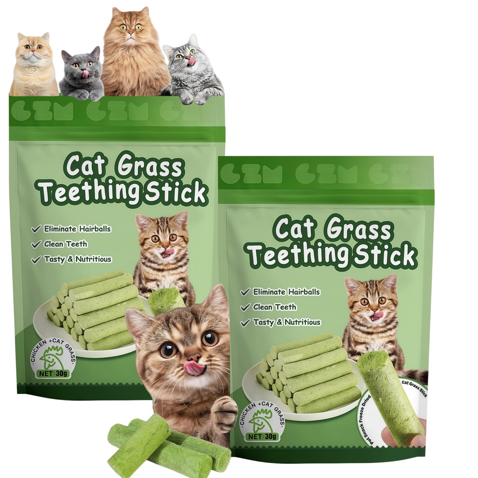 2PCS Cat Grass Teething Sticks, Freeze Dried Cat Grass Sticks Snacks for Cats Dental Care, Natural Chicken Flavor Cat Treats for Teeth Cleaning & Hairball Removal, Cat Dental Chews & Catnip Sticks