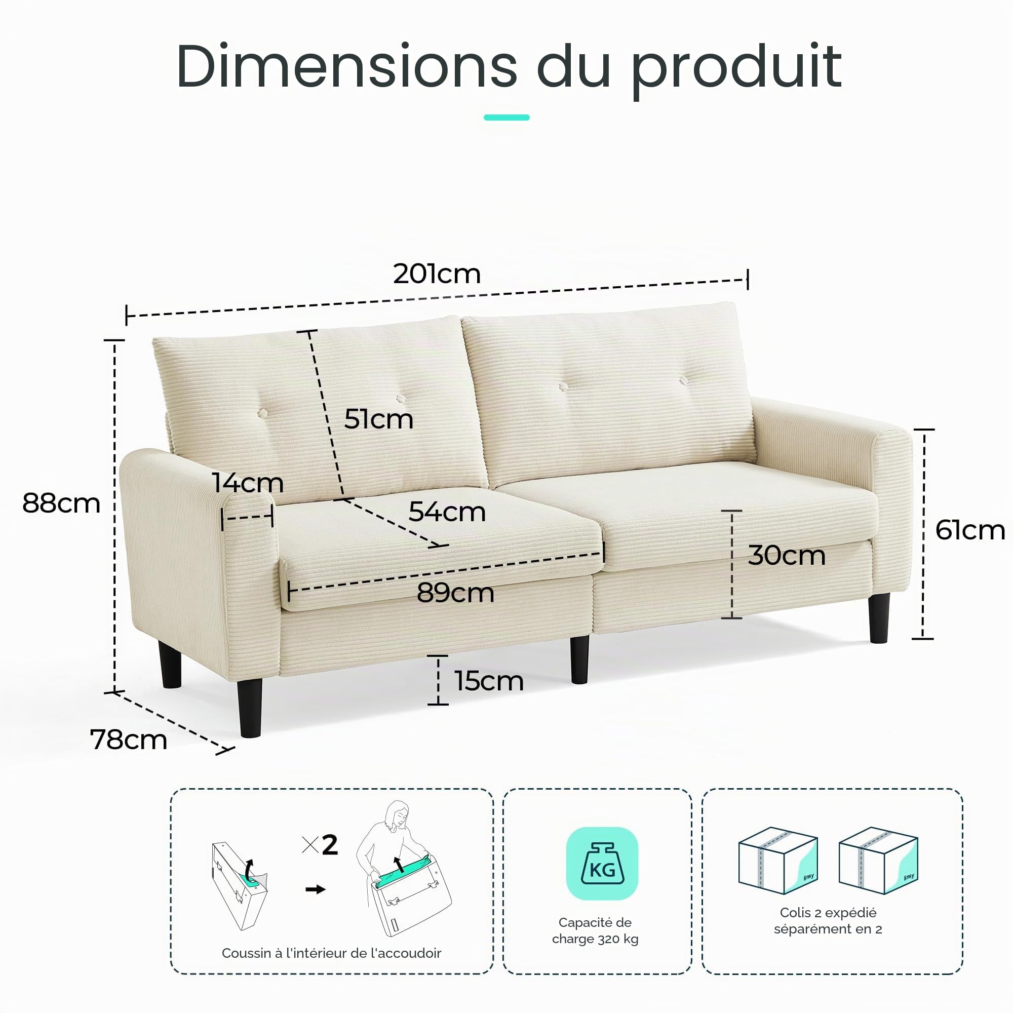 LINSY HOME Canapé 3 Places de 201 cm de Large avec Profondeur d'assise réglable - Petit canapé pour Salon, Chambre à Coucher, Appartement, Bureau - Beige